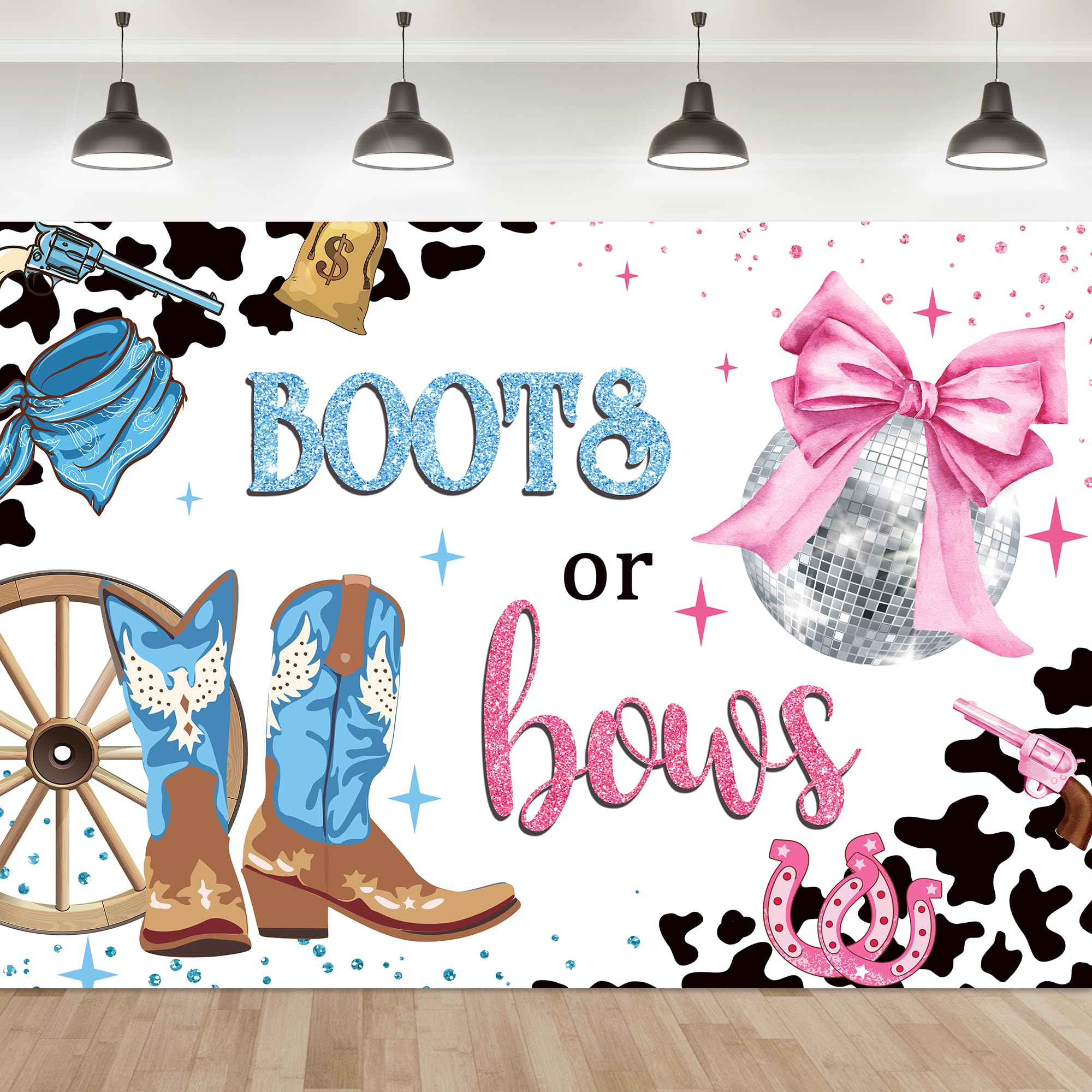 Ufeela Boots Or Bows Gender Reveal Backdrop Western Pink Blue Cowboy Cowgirl Cute Cow Print Boy Girl Disco 7Wx5H Feet Fabric Pol