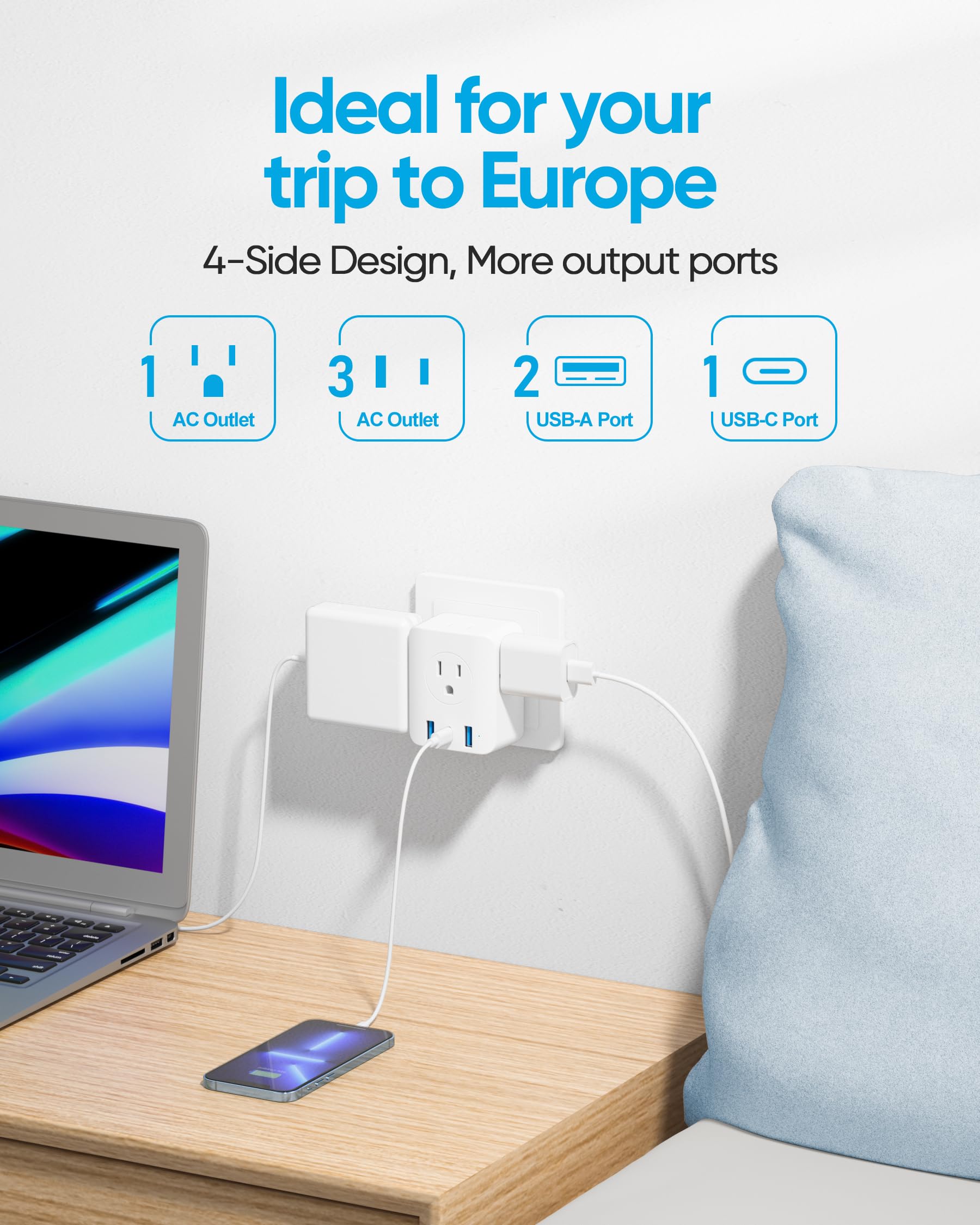 2 Pack European Travel Plug Adapter, Olcorife Foldable International Power Adapter With 4 Outlets 3 Usb Ports, Type C Plug Adapt