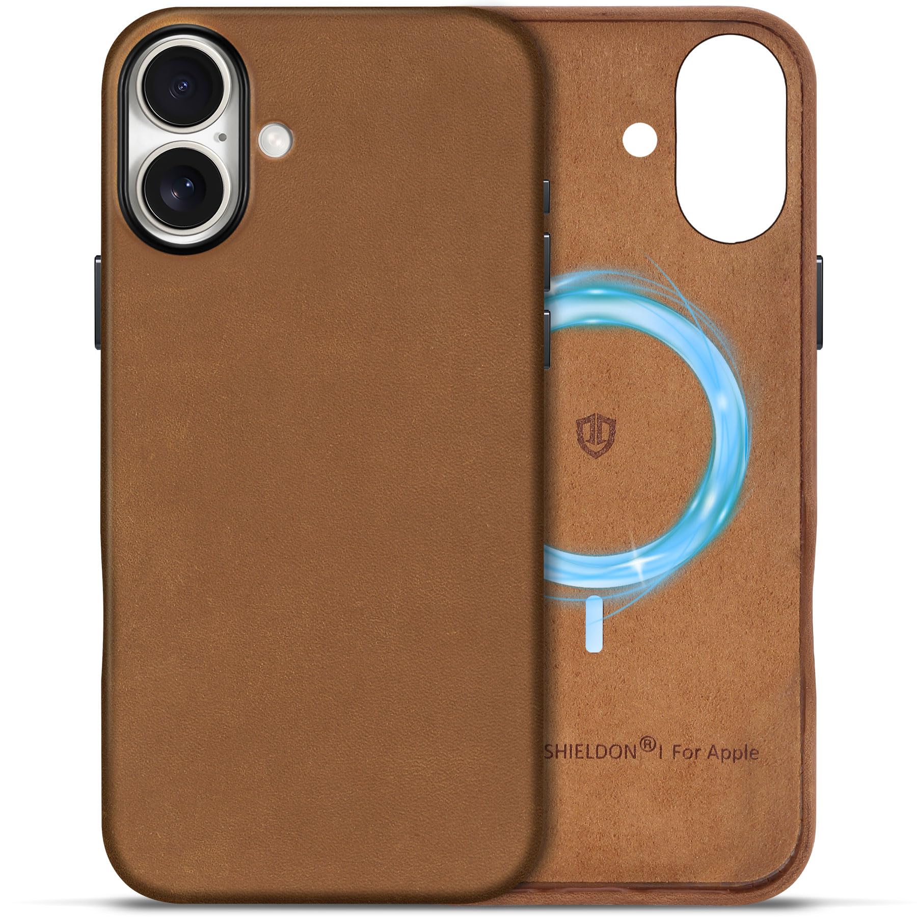 Shieldon Case For Iphone 16 Plus 5G, Top Grain Vintage Crazy Horse Leather Magnetic Wireless Charging Slim Non-Slip Shock-Absorb