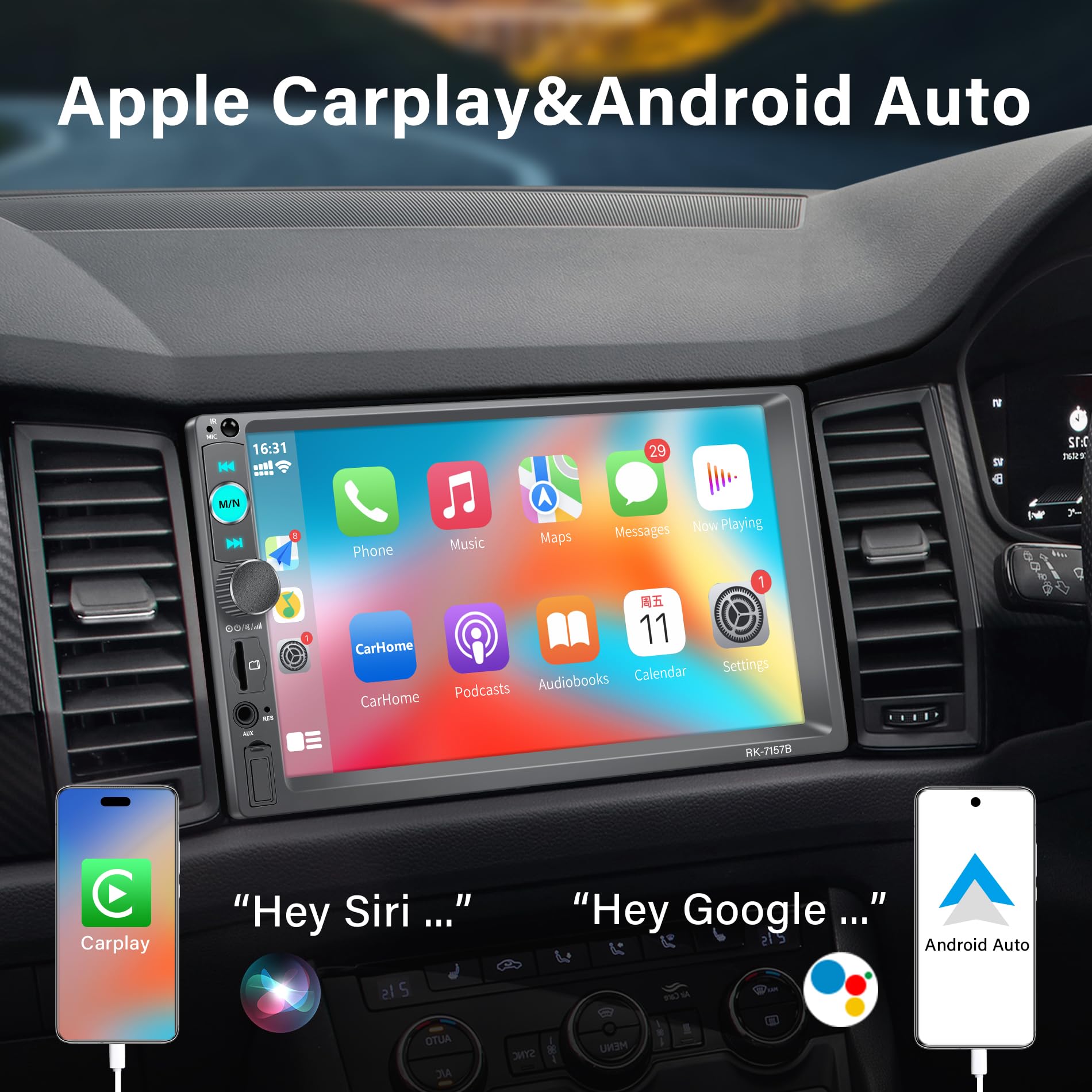 Hexahedron Double Din Car Stereo With Apple Carplay And Android Auto, 7 Inch Touchscreen, Backup Camera, Bluetooth, Mirror Link,