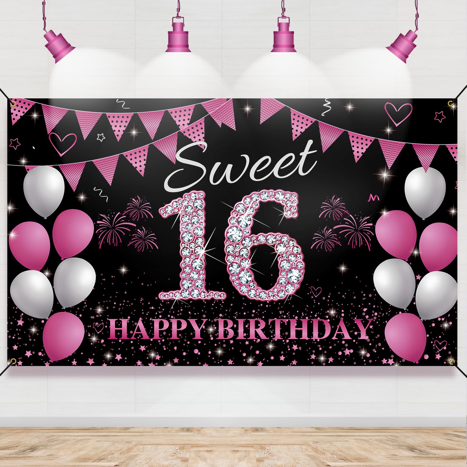 Htdzzi Sweet 16 Birthday Backdrop Banner Hot Pink, Sweet Sixteen Party Decorations, Happy 16Th Birthday Decorations For Girls, 1