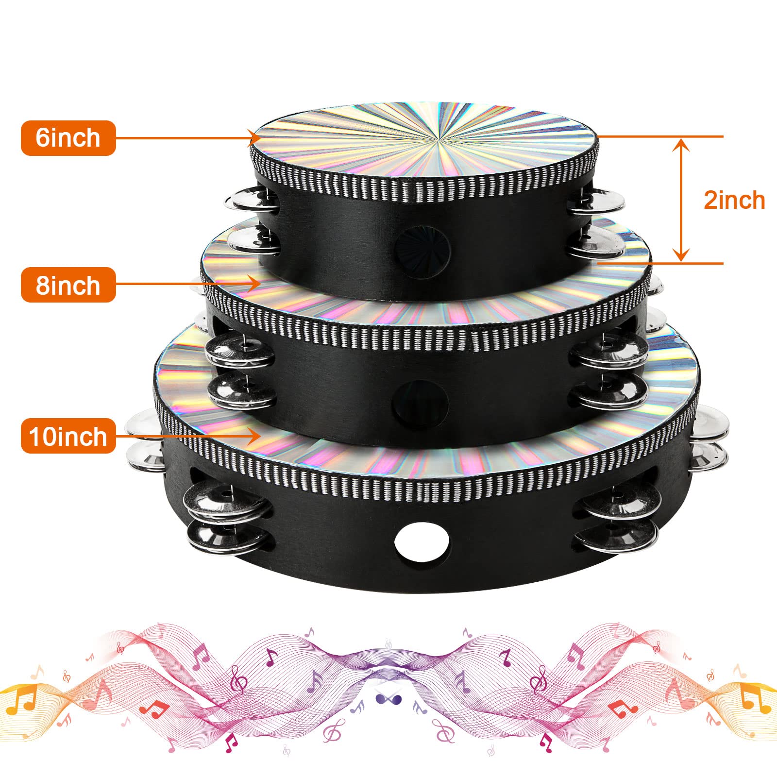 3 Pack Radiant Tambourine 6 Inch 8 Inch 10 Inch Hand Held Wood Tambourine Metal Jingles Musical Educational Instrument Rhythm Pe