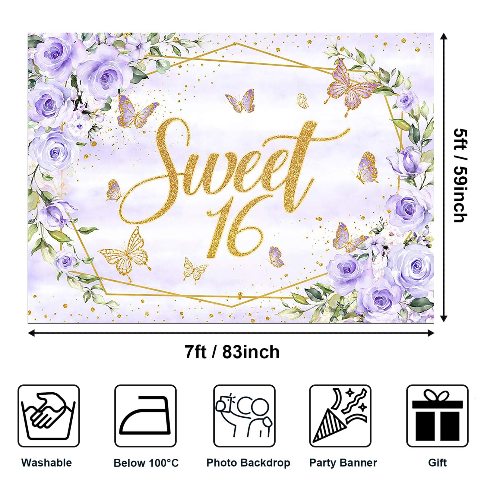 Avezano Sweet 16 Backdrop Purple Flower Butterfly Gold Dots Photography Background For Gorls Happy Birthday Sweet 16 Banner Cake