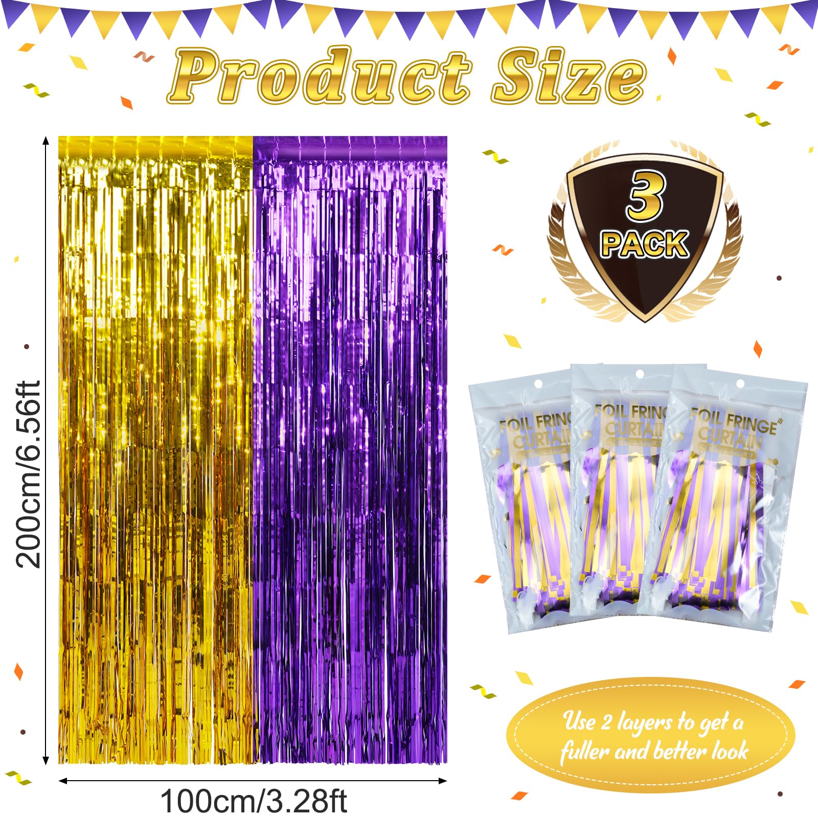 3Pack 3.3Ft X 6.6Ft Graduation Foil Fringe Curtain Backdrop Decorations, Purple Gold Metallic Tinsel Foil Streamers Curtain Phot