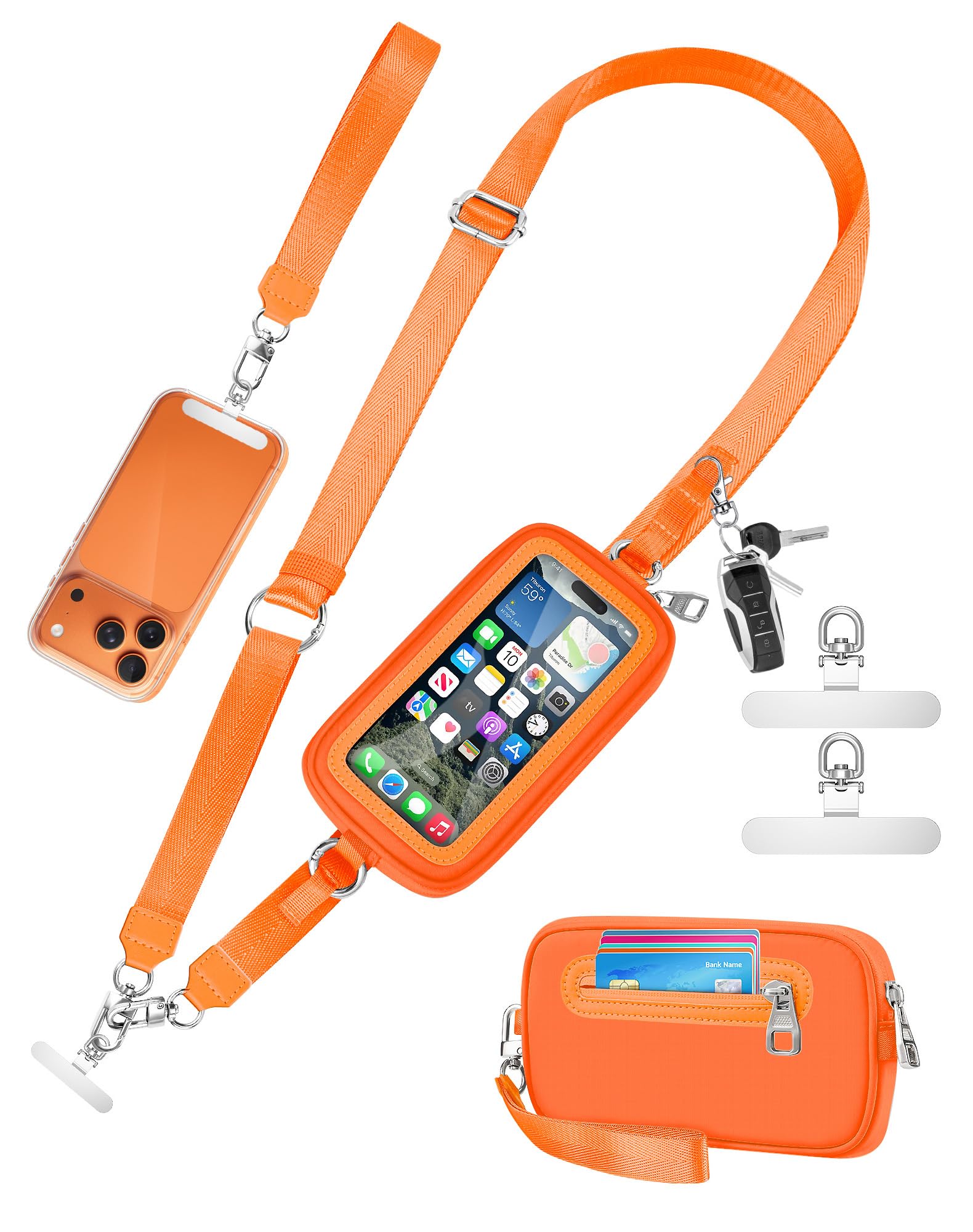 SHANSHUI Clip and Go Phone Lanyard Wallet, Hands Free Crossbody Strap with Zipper Pocket & ID Window, Includes 2 Metal Tether Pa