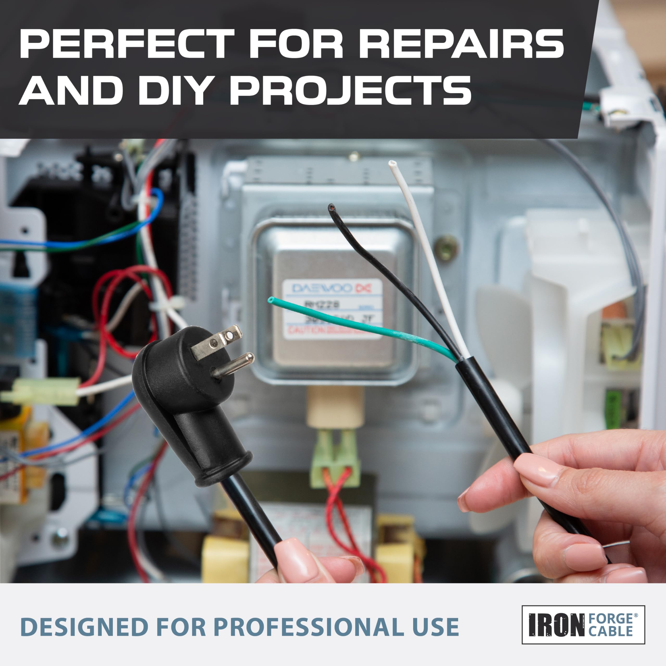 Iron Forge Cable 90 Degree Slim Plug Head Replacement Power Cord With Open End   25 Ft Black,12/3 Sjtw, Cord For Universal Ac Ap