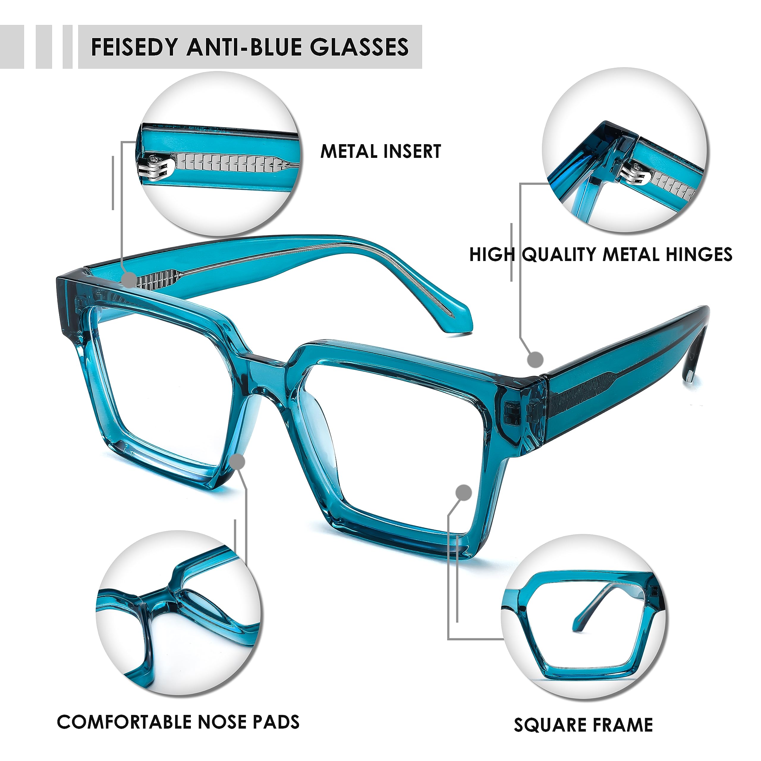 Feisedy Blue Light Blocking Glasses For Women Men Tr Retro Square Anti Eyestrain Glasses Rectangle Chic Look Frame B0037