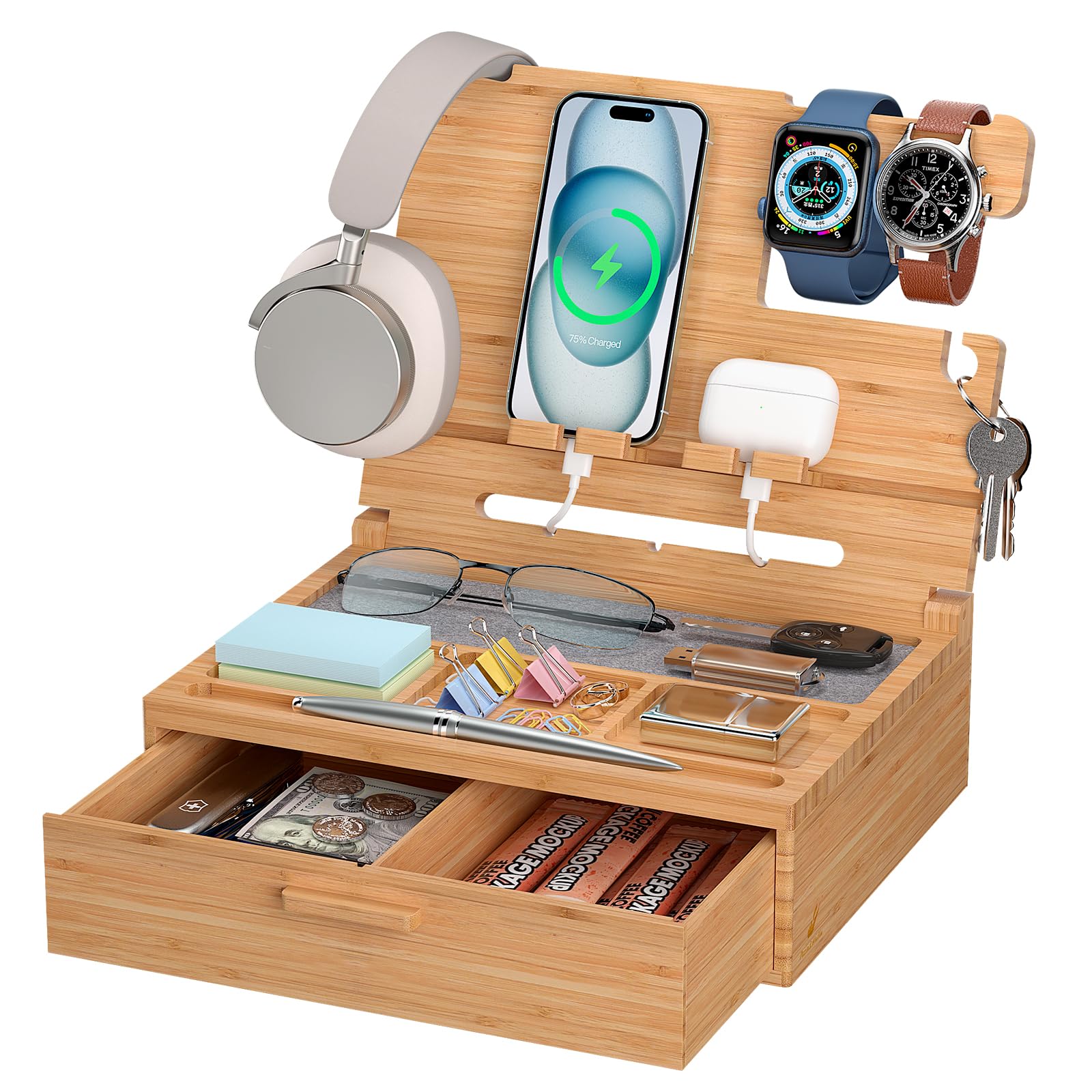 Pezin & Hulin Wooden Nightstand Organizer, Ideal Gifts for Men, Desktop Bamboo Phone Docking Station Box, with Large Drawer, Mul
