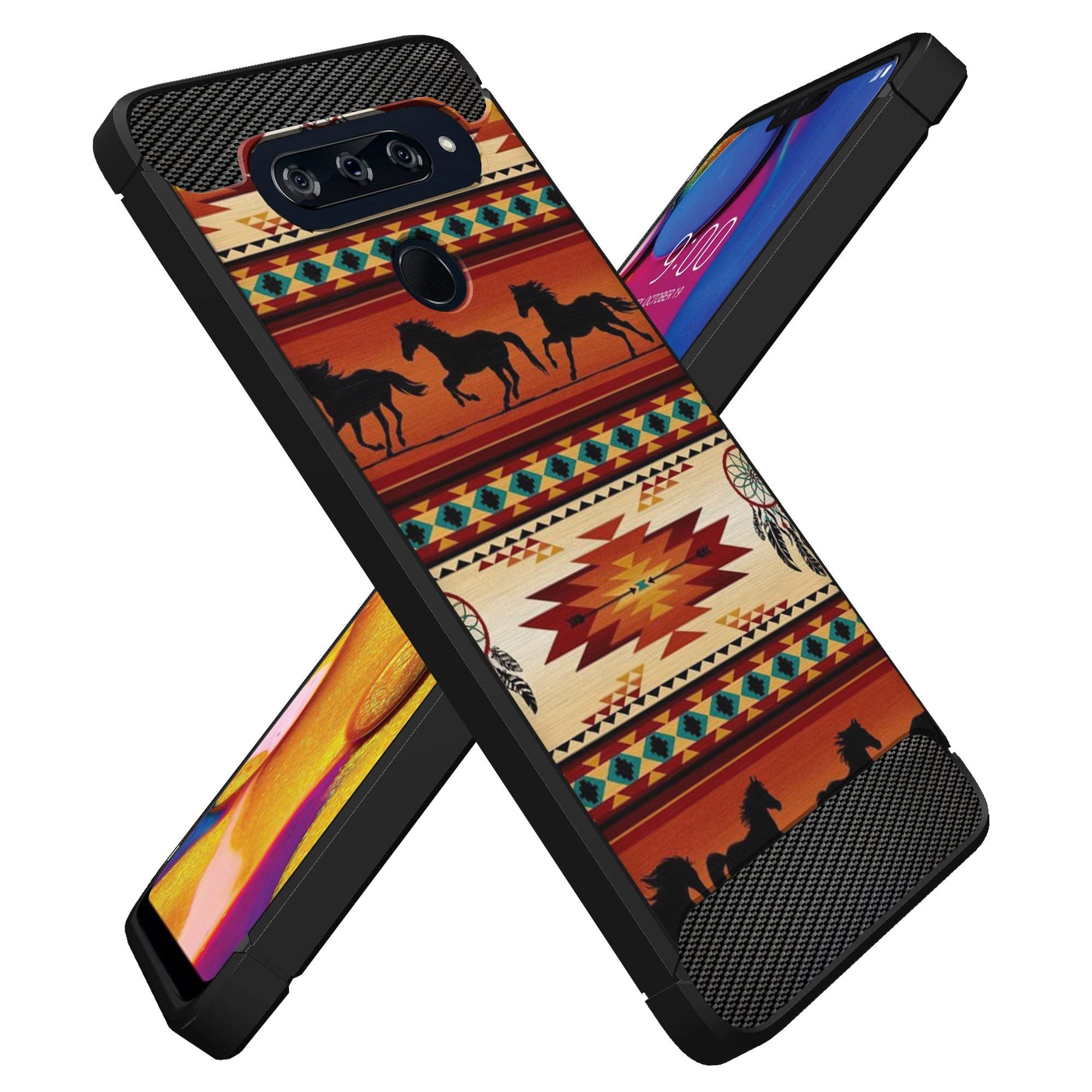 Casesondeck Case Compatible With [Lg V40 Thinq] Tribal Floral Matte Tpu Flexible Carbon Fiber Textured (Western Horse Tribal)