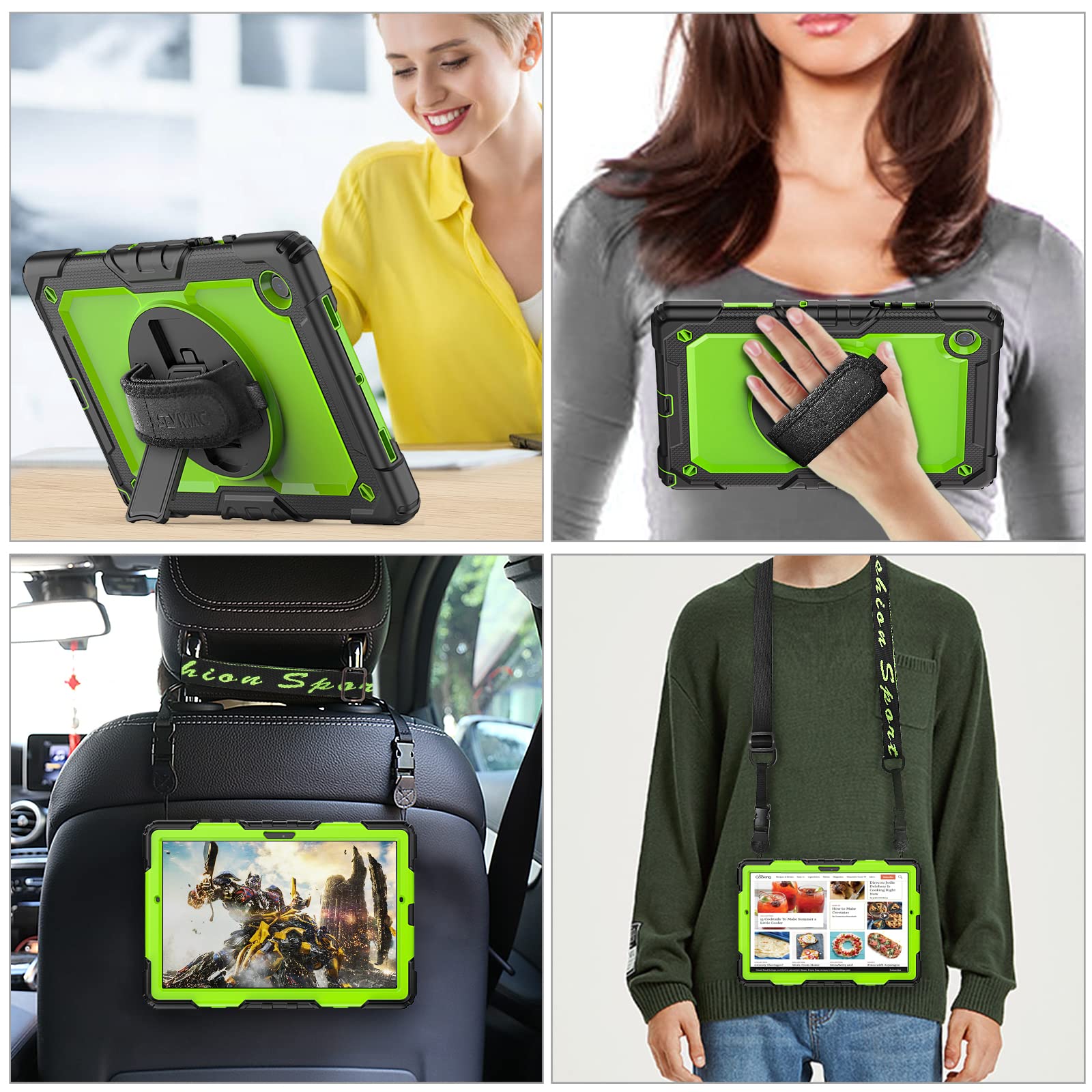 Seymac Stock 360 Hand Strap Shockproof Case For Samsung Galaxy Tab A9 Plus 11 Inch, Green+Black