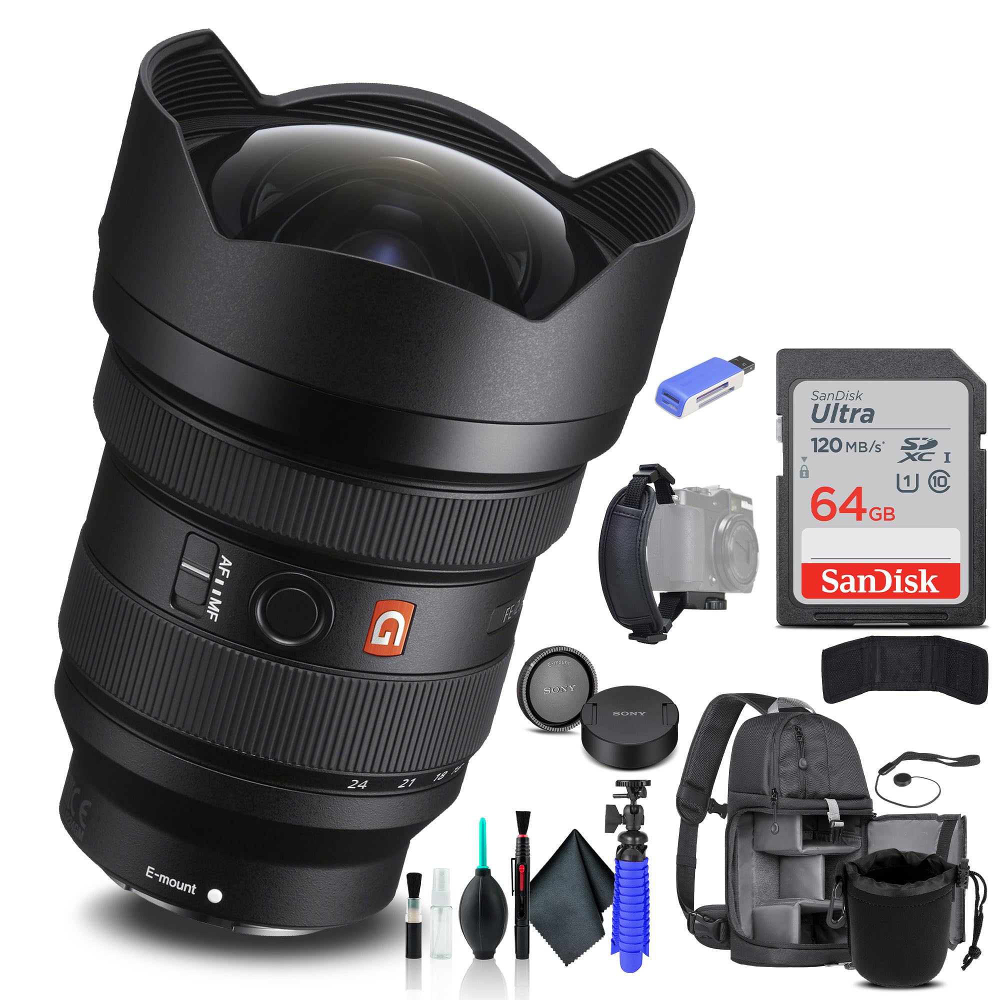 Sony FE 12-24mm f/2.8 GM Lens SEL1224GM, Backpack, 64GB Card, Card Reader, Flex Tripod, Memory Card Wallet, Cap Keeper, Cleaning