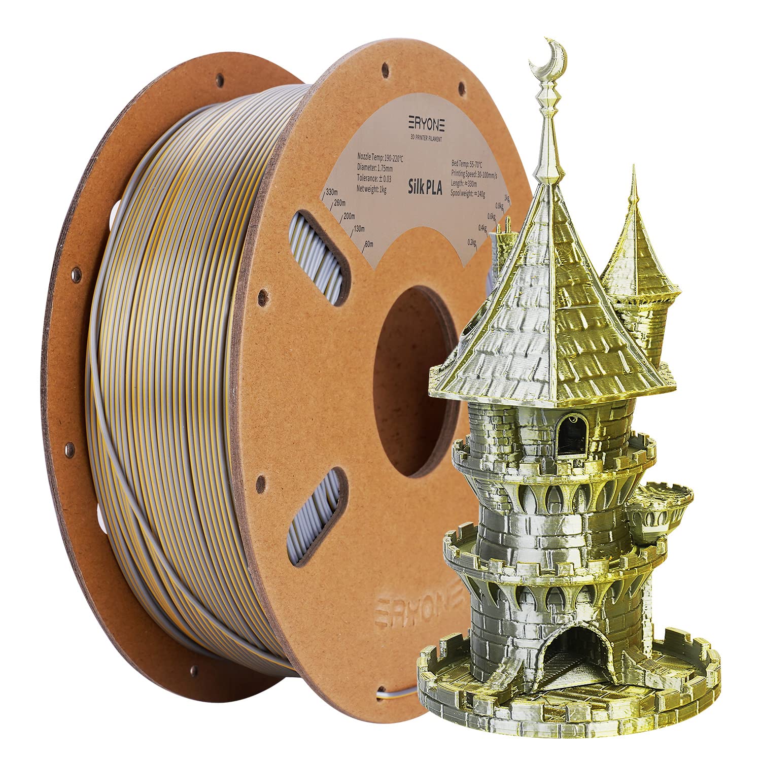 Eryone Silk Dual Color Filament Pla 3D Printer 1.75Mm +/  0.03Mm, Coextrusion Filament Pla Shiny Filament 1Kg(2.2Lbs), Gold Silv