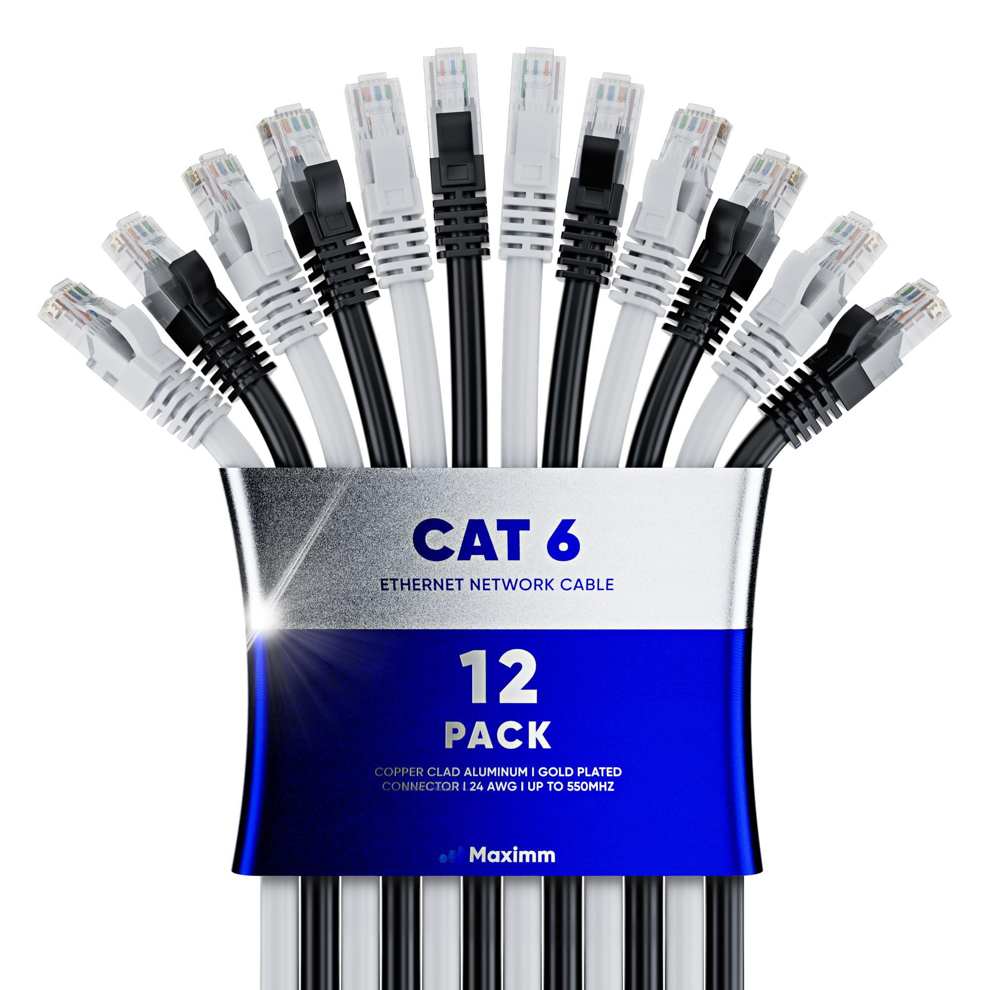 Maximm Cat 6 Ethernet Cable - 30 ft (12-Pack) - High-Speed LAN, Internet, Patch & Network Cable - UTP, 10Gbps, 550MHz Ethernet C