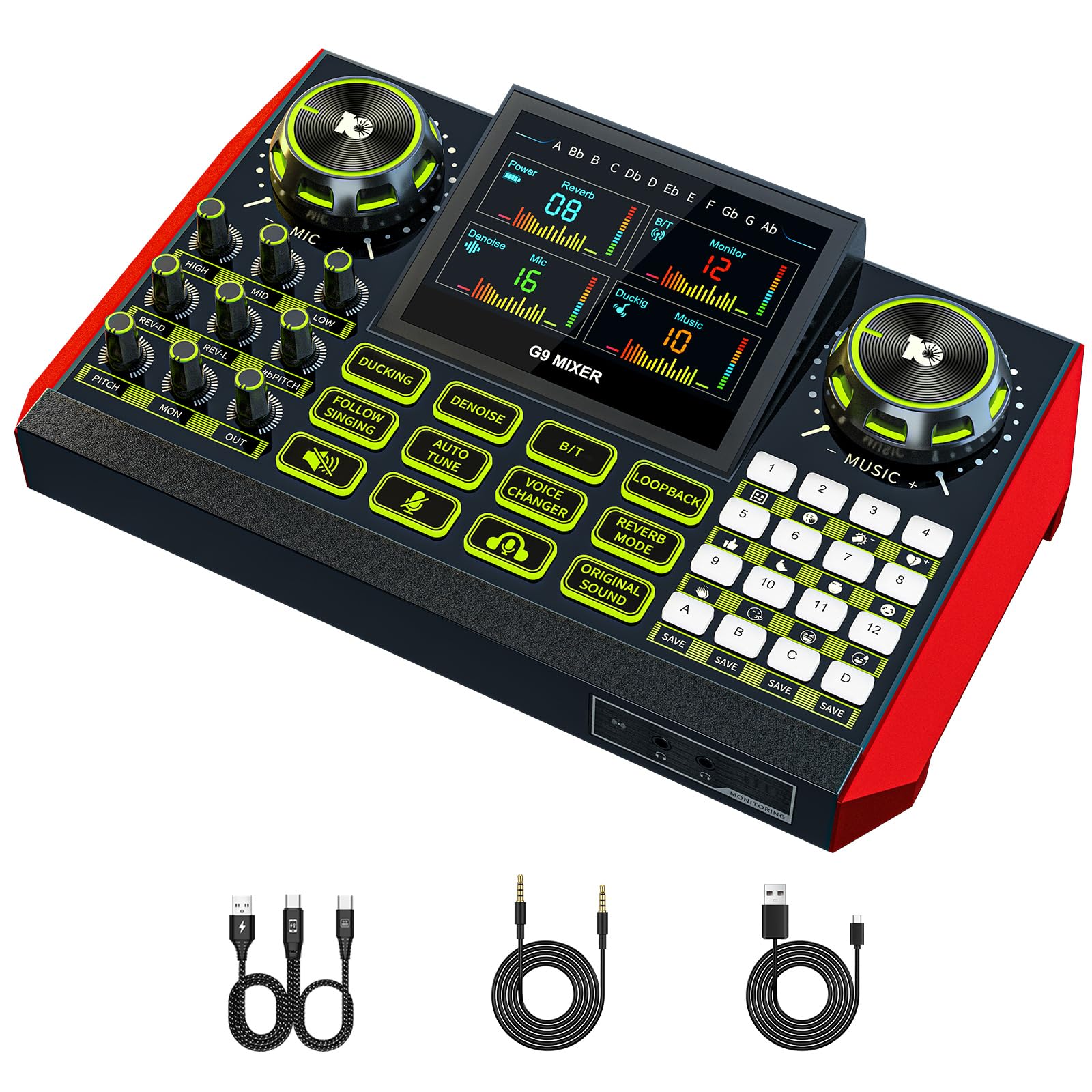 Audio mixer, suitable for live streaming, singing, and gaming on computers/phones; podcast mixer with real-time sound card, nois