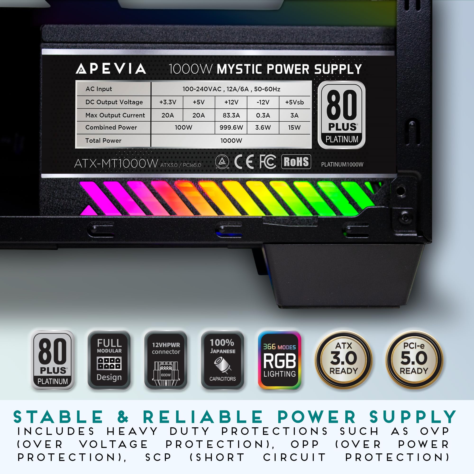 Apevia Atx Mt1000W Mystic 1000W Fully Modular 80+ Platinum Certified, Pcie 5.0 & Atx 3.0 Ready Active Pfc Atx Rgb Gaming Power S