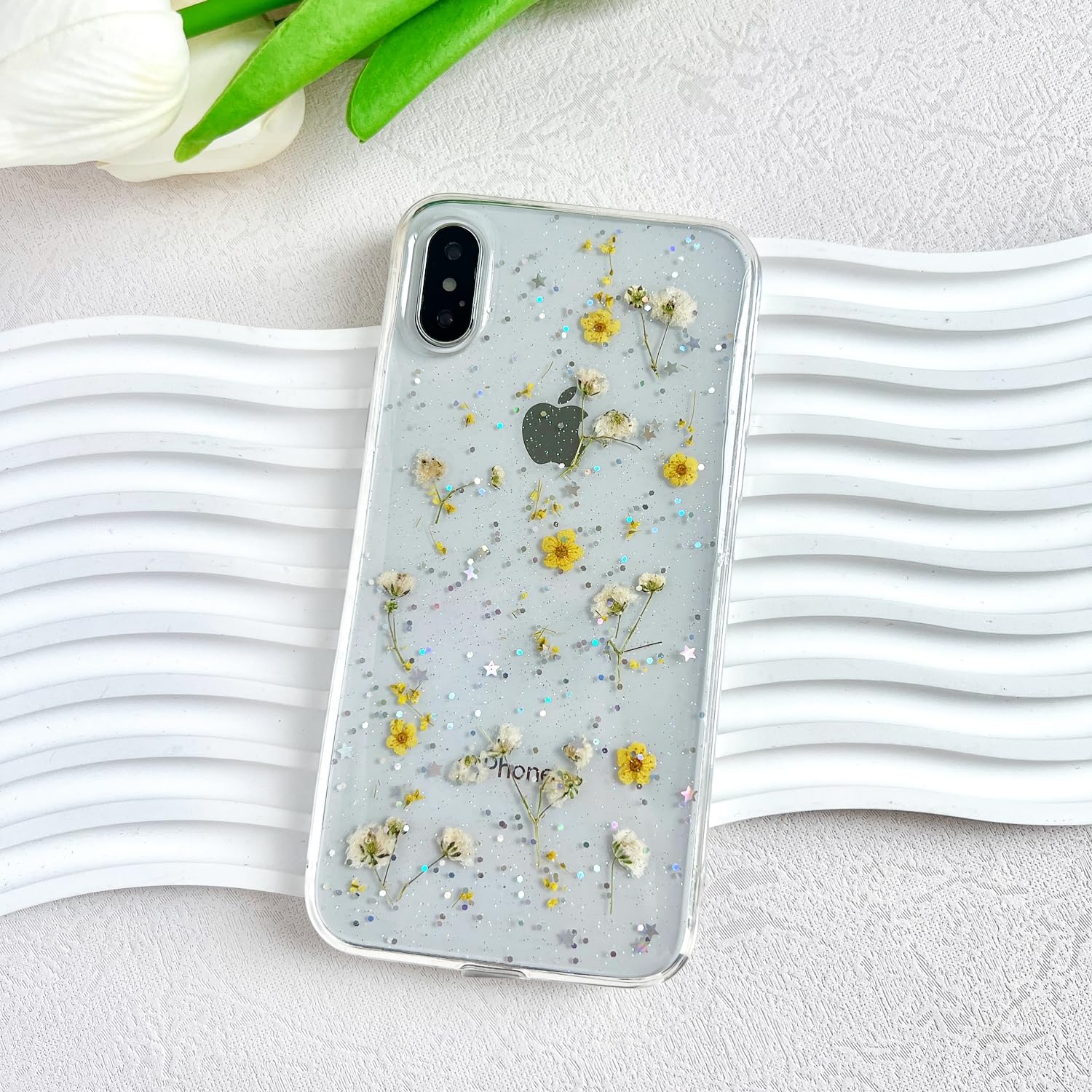 Lseeka For Iphone X/Iphone Xs Clear Case With Pressed Real Flowers Design,Glitter Cute Yellow Floral Pattern Slim Soft Tpu Prote