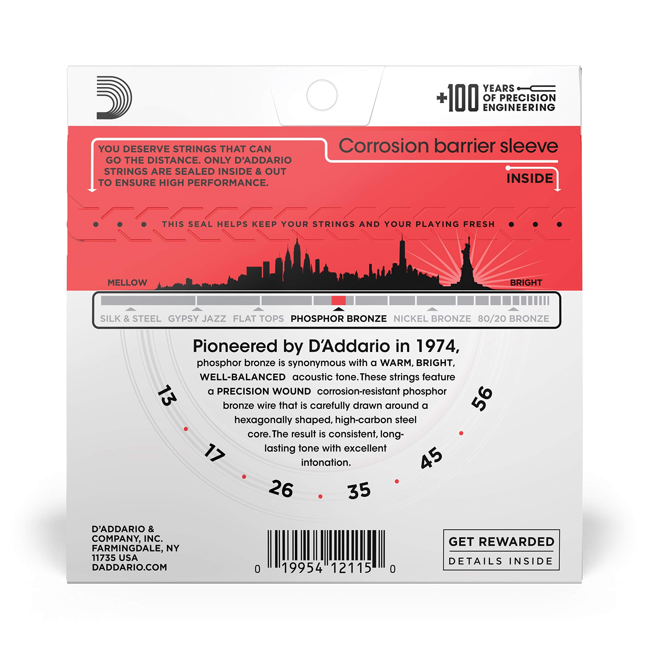 D'Addario Guitar Strings   Phosphor Bronze Acoustic Guitar Strings   Ej17   Rich, Full Tonal Spectrum   For 6 String Guitars   13 56 Medium