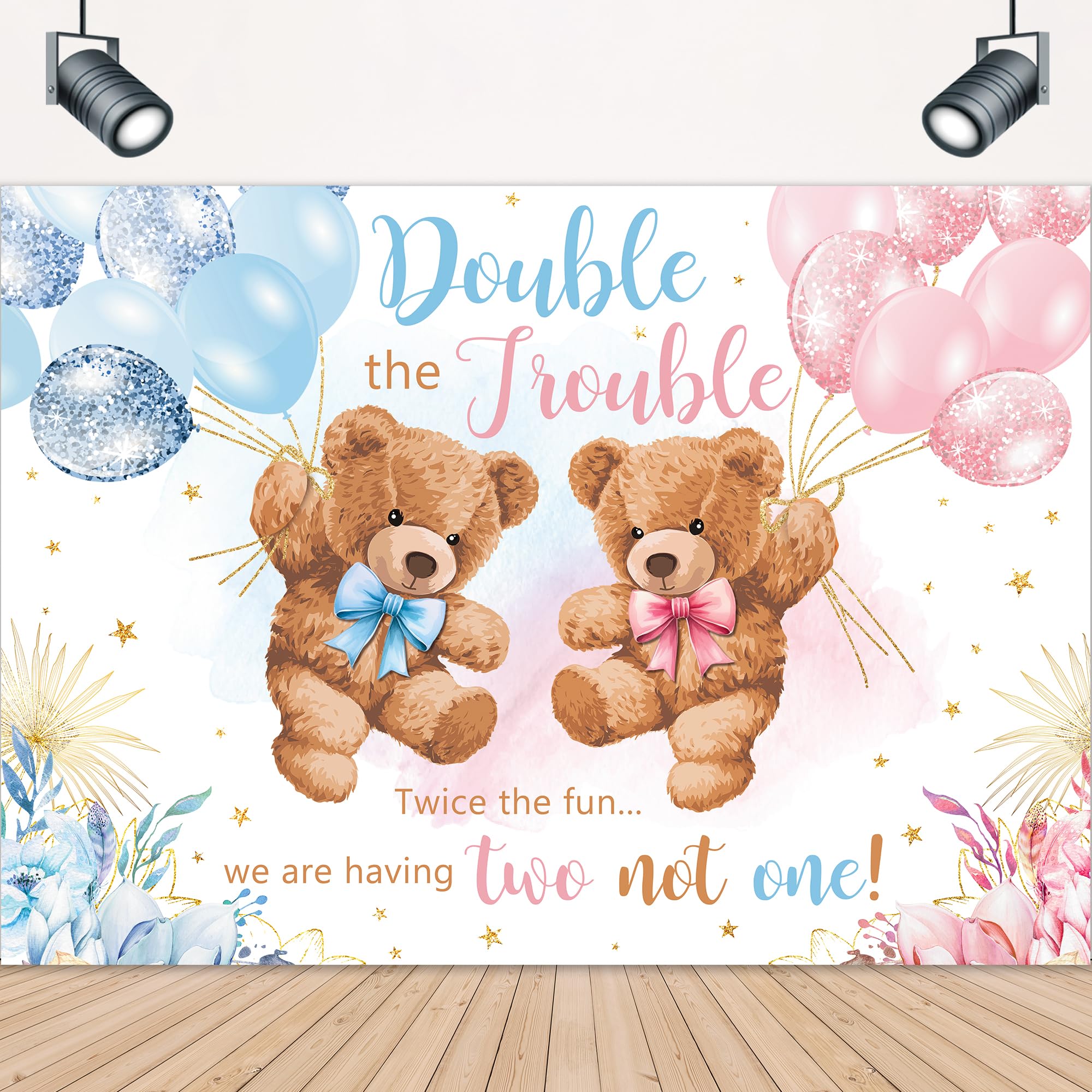 Lightinhome Double The Trouble Twice The Fun We Are Having Backdrop 7Wx5H Feet For It'S Twins Baby Shower Blue Pink Bear Gender