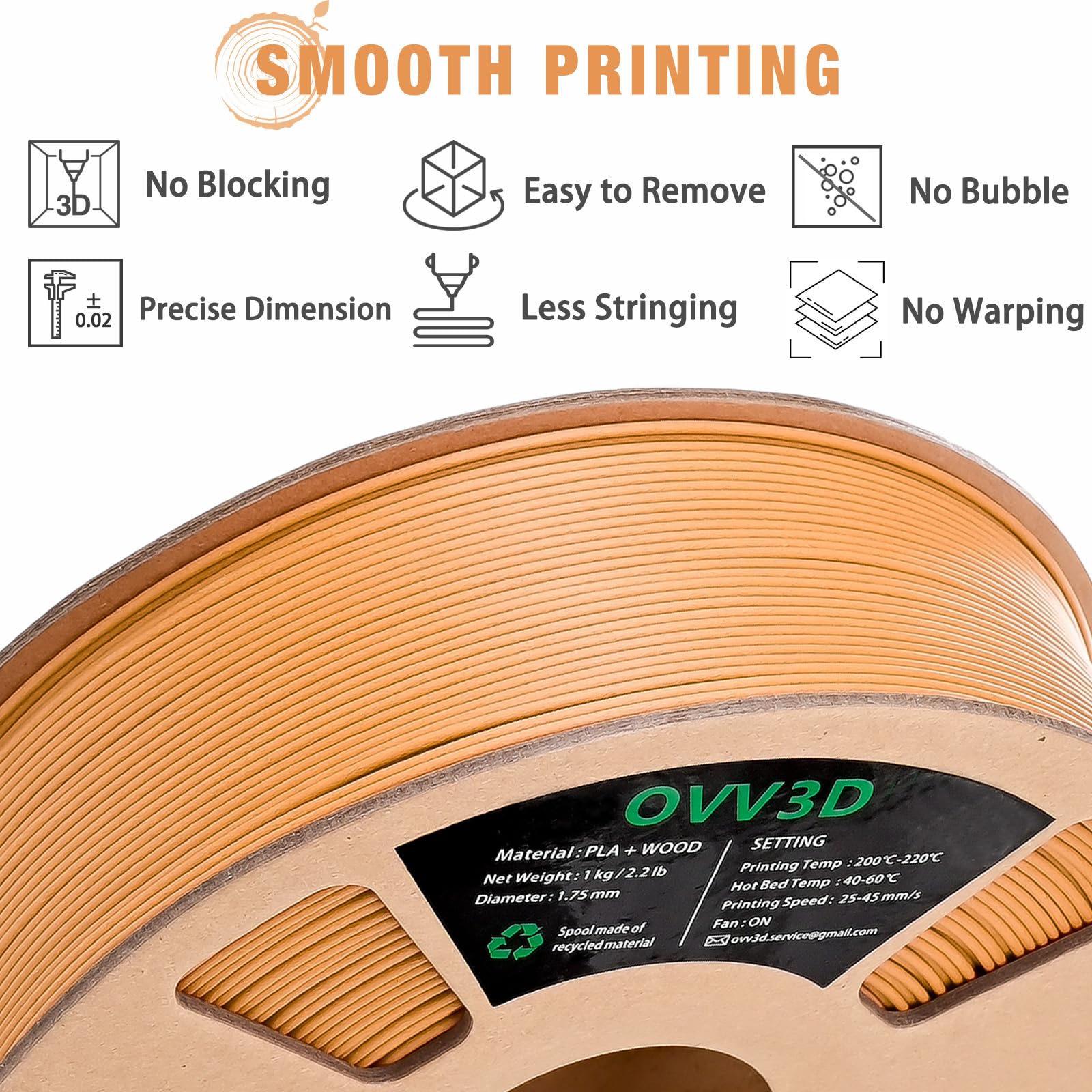 Ovv3D Wood Pla Filament 1.75Mm, Wood 3D Printer Filament, Yellow Teak Wood Filament Add More Than 30% Real Wood Fiber, Matte And
