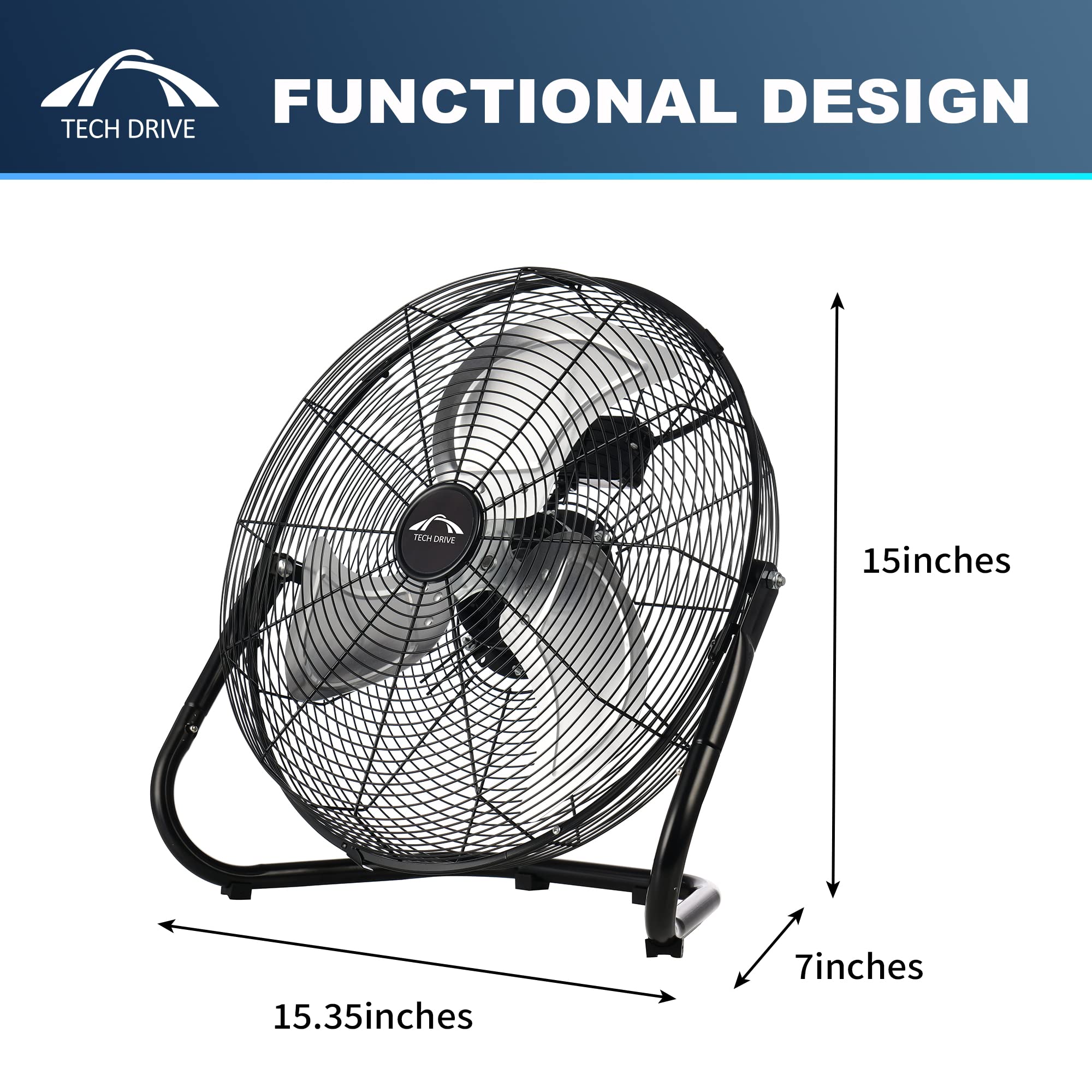Tech Drive High Velocity Floor Fan,12 Inch Heavy Duty Metal Industrial Fans,3 Powerful Speed,360 Adjustable Tilting And All Meta