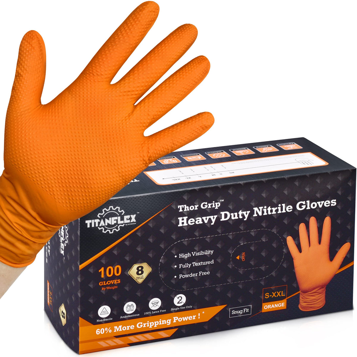 Titanflex Thor Grip Heavy Duty Industrial Orange Nitrile Gloves, 8 Mil, Gloves Disposable Latex Free With Raised Diamond Texture