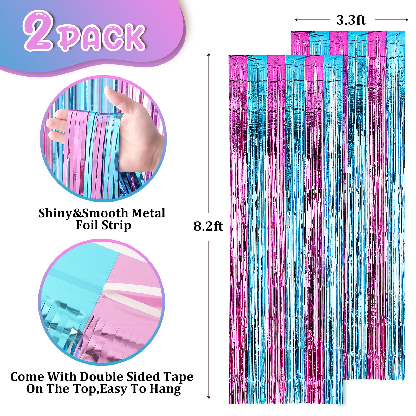 Voircoloria 2 Pack 3.3X8.2 Feet Blue And Pink Foil Fringe Backdrop Curtains, Tinsel Streamers Birthday Party Decorations, Fringe