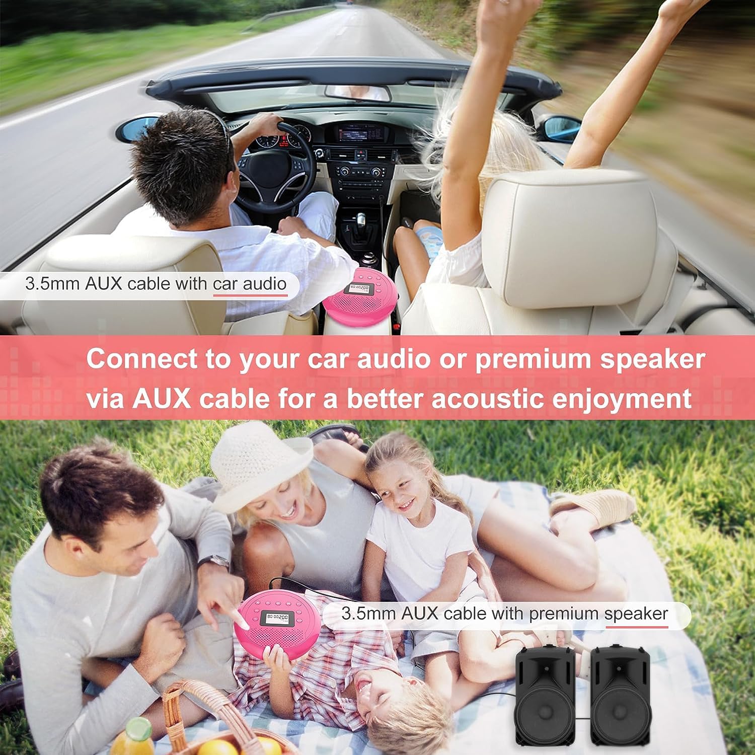 Monodeal Cd Player Portable, Rechargeable Cd Player With Speakers, Anti Skip Cd Player For Car And Home, Walkman Cd Player With Headphones For Audio Book Music (Rose Red)