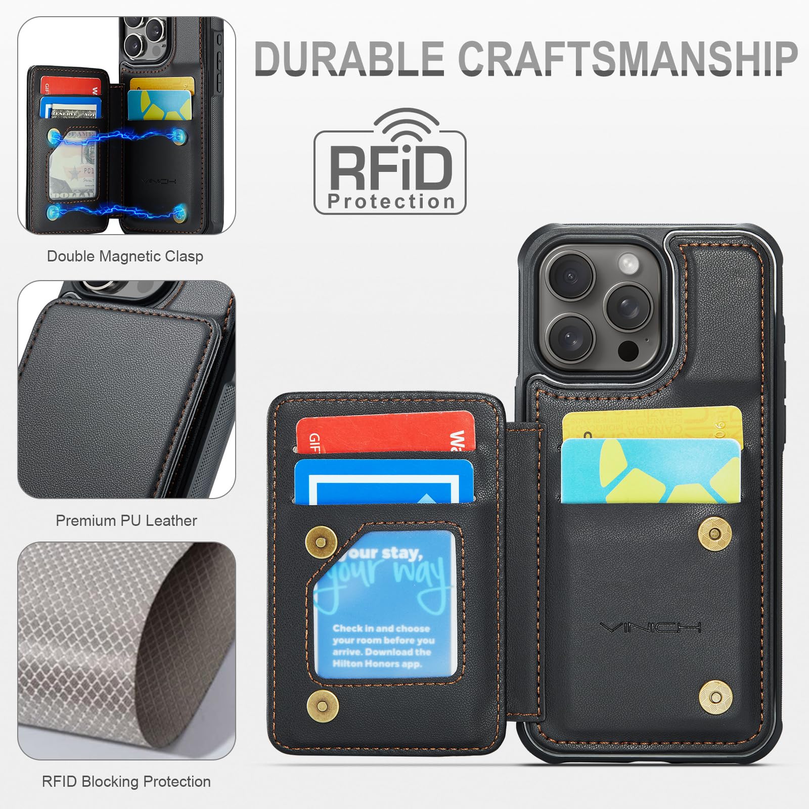 Vinich For Iphone 16 Pro Max 6.9'' Wallet Case With Card Holder, Case For Iphone 16 Pro Max With Rfid Blocking For Women Men, Du