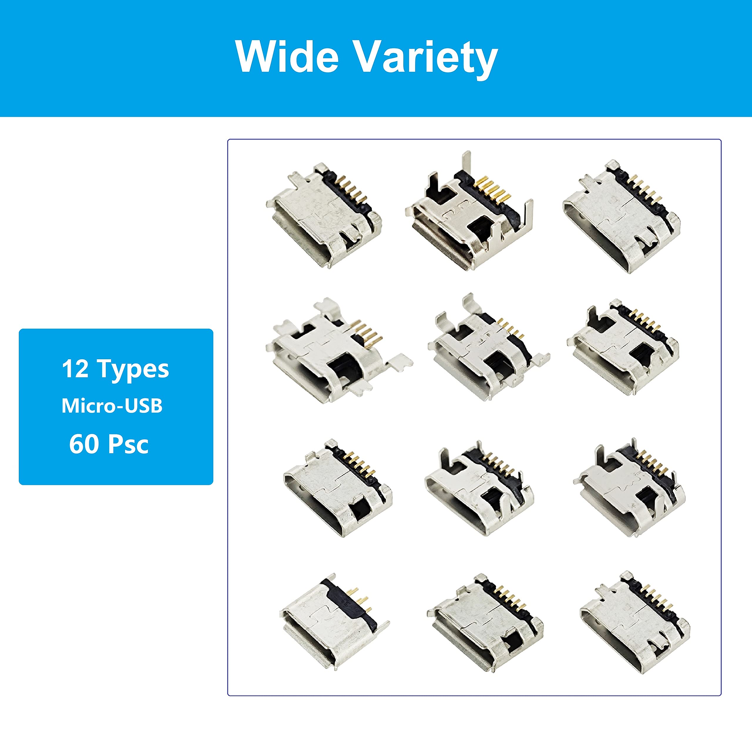 Bytcew 12 Types Micro Usb Sockets Kit Jack Plug Connector,Usb B Repair ...