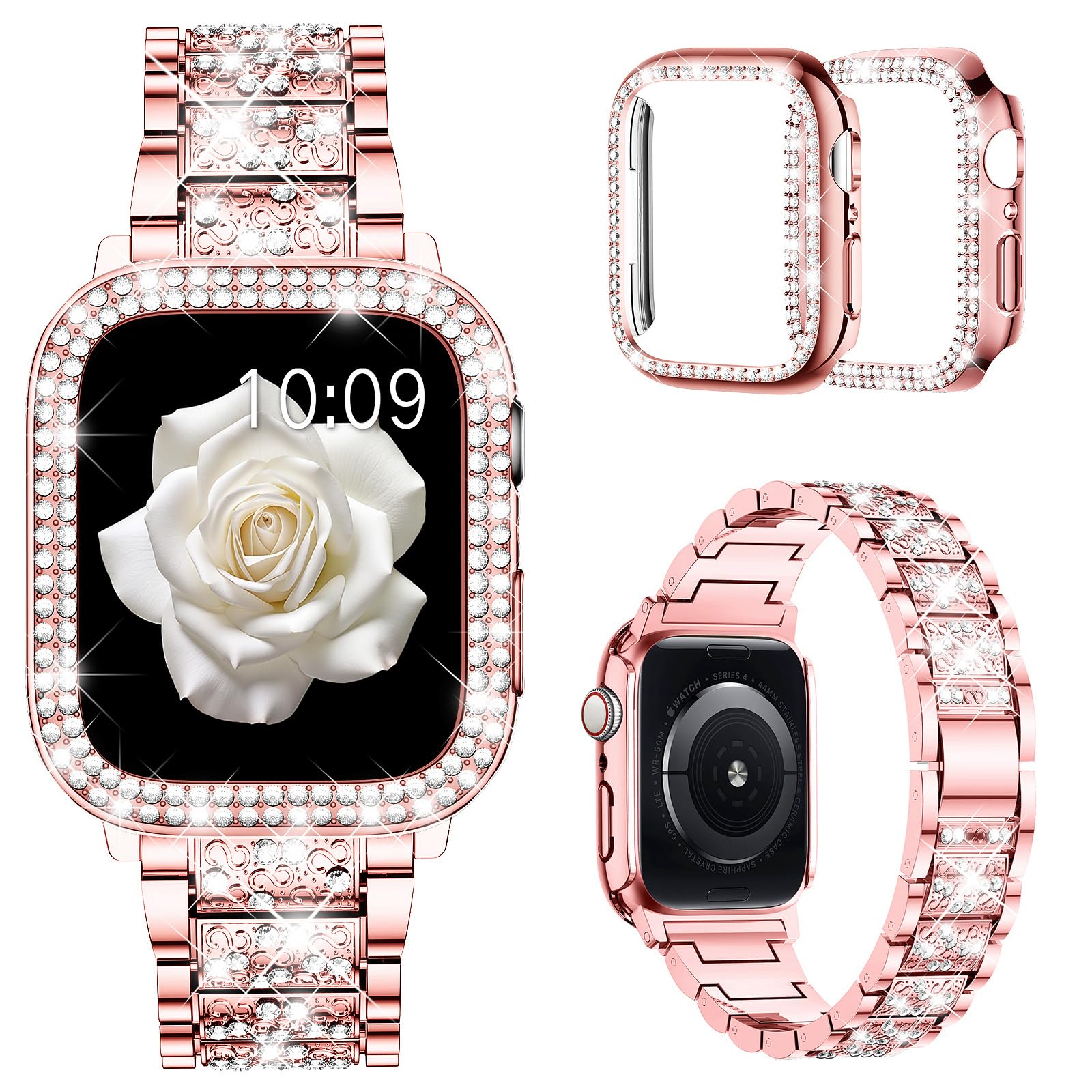 Mosonio Compatible With Apple Watch Band 46Mm S10 With Case Women, Jewelry Replacement Metal Wristband With 2 Pack Bling Pc Prot
