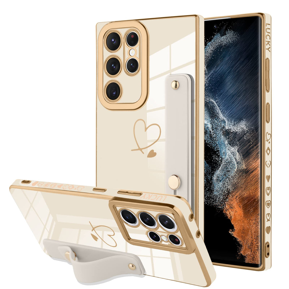 Ziye Galaxy S22 Ultra 5G Luxury Electroplated Case With Strap Love Heart Plating Gold Bumper Cover For Women Girls Anti Scratch