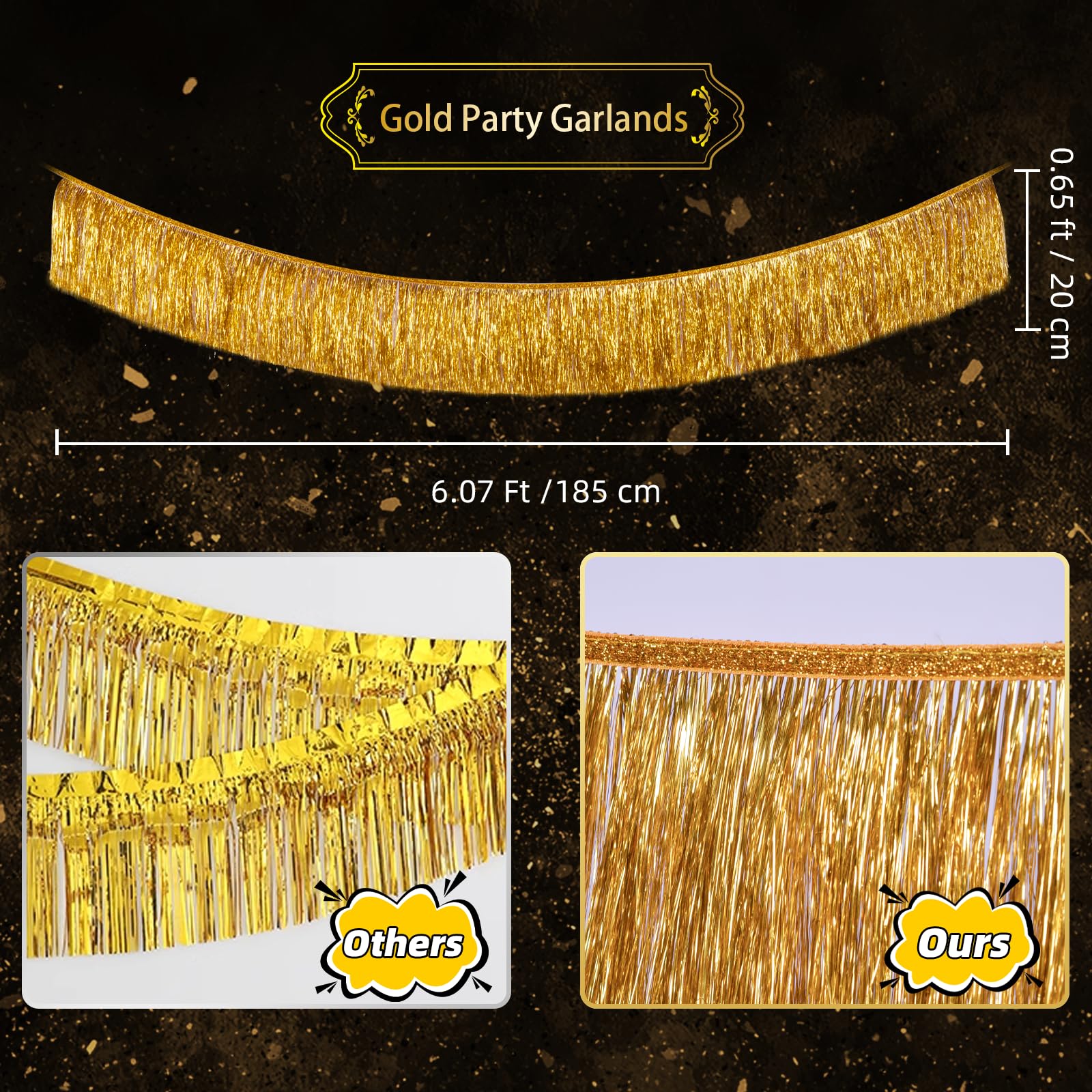 C&B Gold Foil Fringe Garland Party Decorations, 6 Feet Gold Tinsel Metallic Glitter Banner, Hanging Gold Banner Table Skirt For