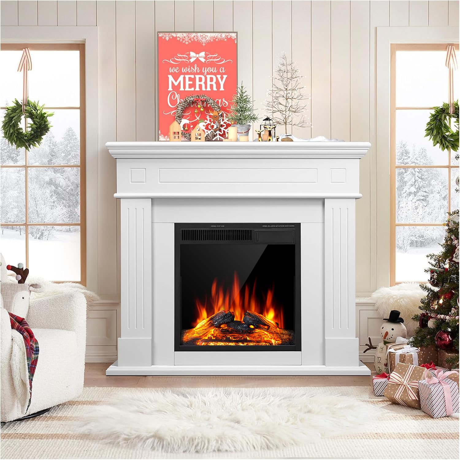 44'' Electric Fireplace With Mantel Package Freestanding Fireplace Heater Corner Firebox With Log & Remote Control,750 1500W,Pea