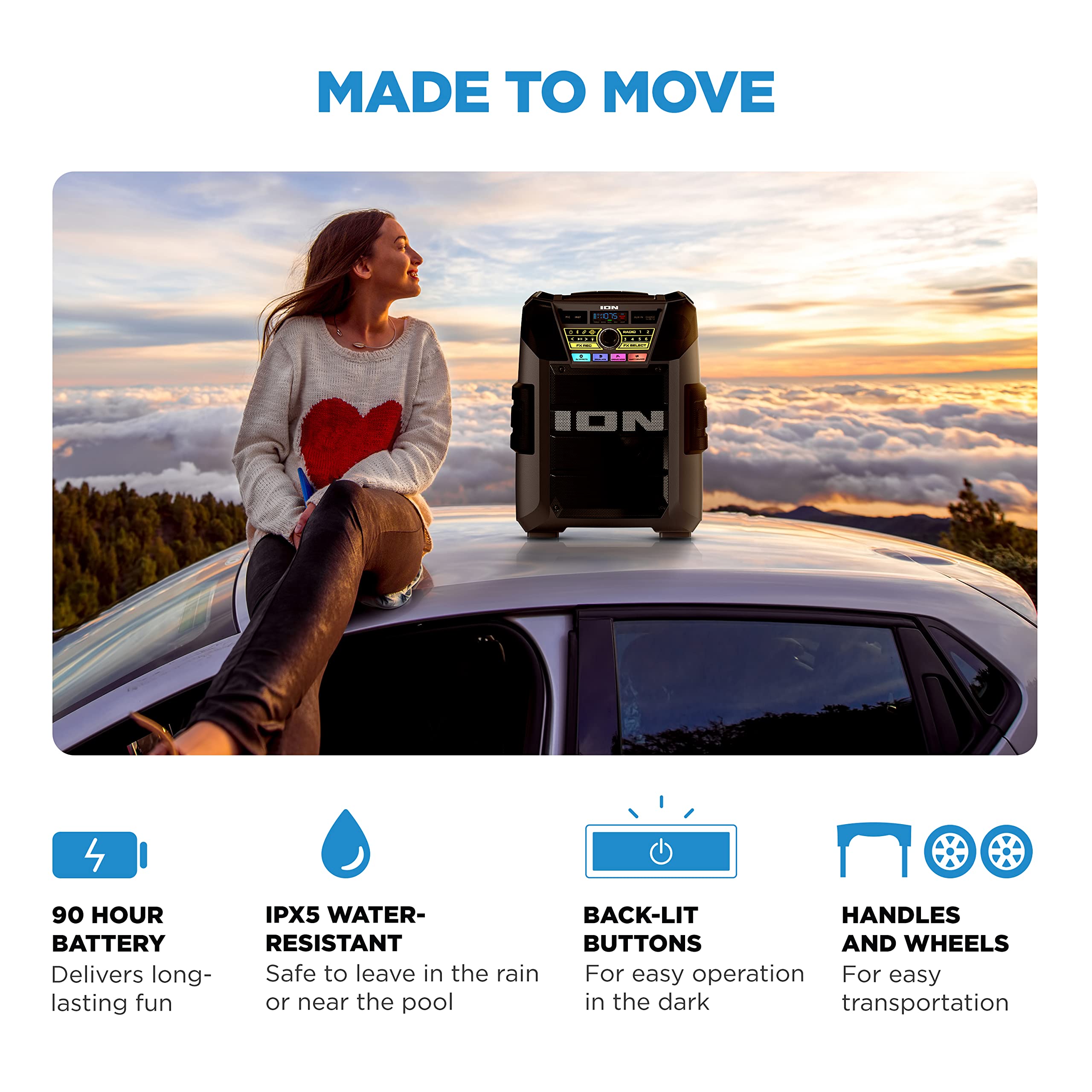 Ion Block Rocker Xl   Portable Bluetooth Outdoor Party Speaker, 220W, With Karaoke Microphone, Battery, 5 Speakers, Lights, Radi