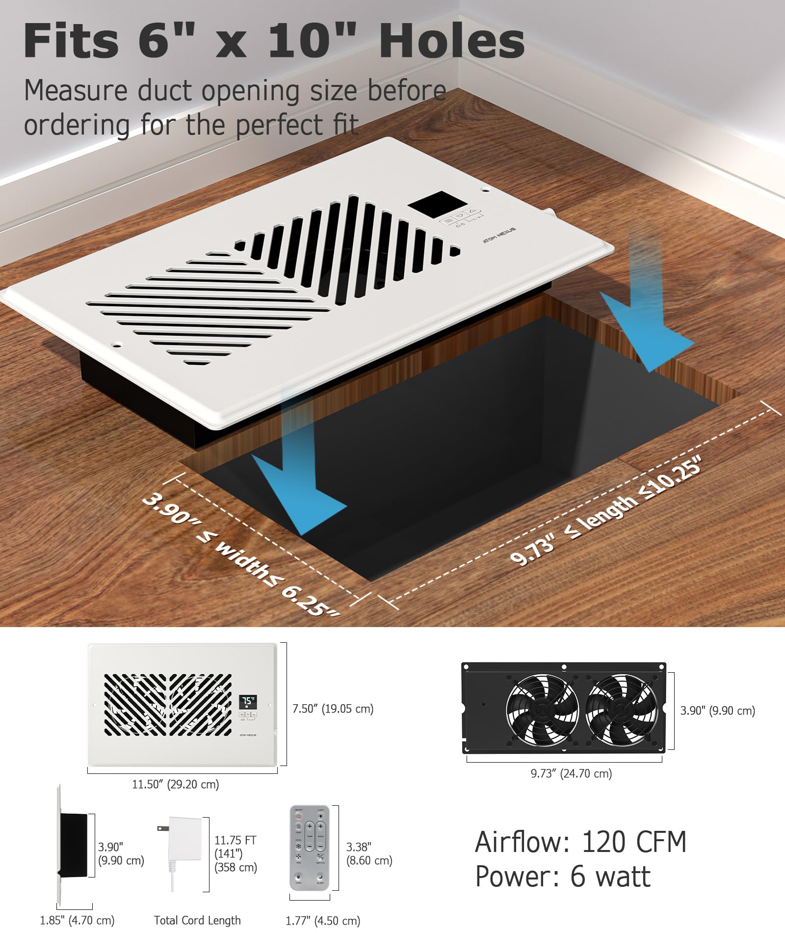 Atom Nexus Airblaze Z6, Register Booster Fan Fits 6   X10    Register Holes, Smart Vent Booster Fan With Thermostat Control & Re