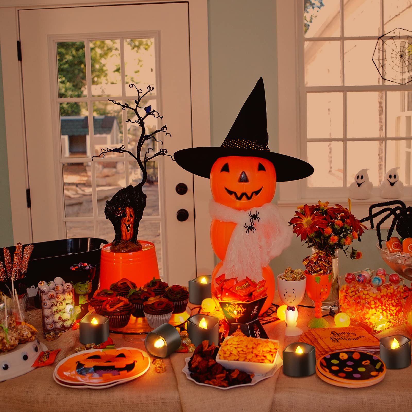 Punasi Black Led Tea Lights, Set Of 12 Battery Operated Tealights Flickering Flameless Votive Candles With Realistic Warm White