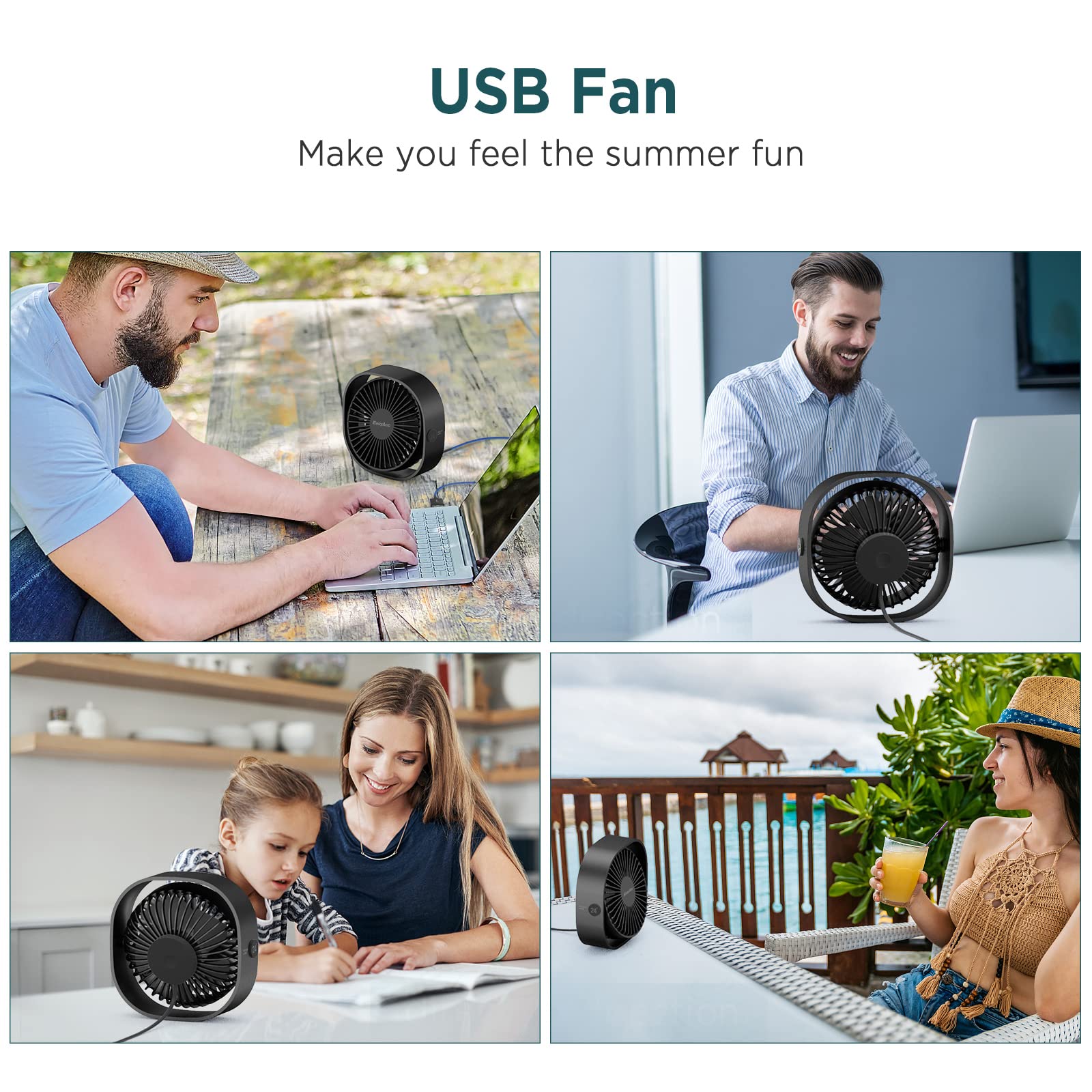 Easyacc Usb Desk Fan, 3 Speeds Usb Fan [Lower Noise Usb Powered Only&Powerful Desk Fan] Portable Powered Fan, 360Rotatable Perso