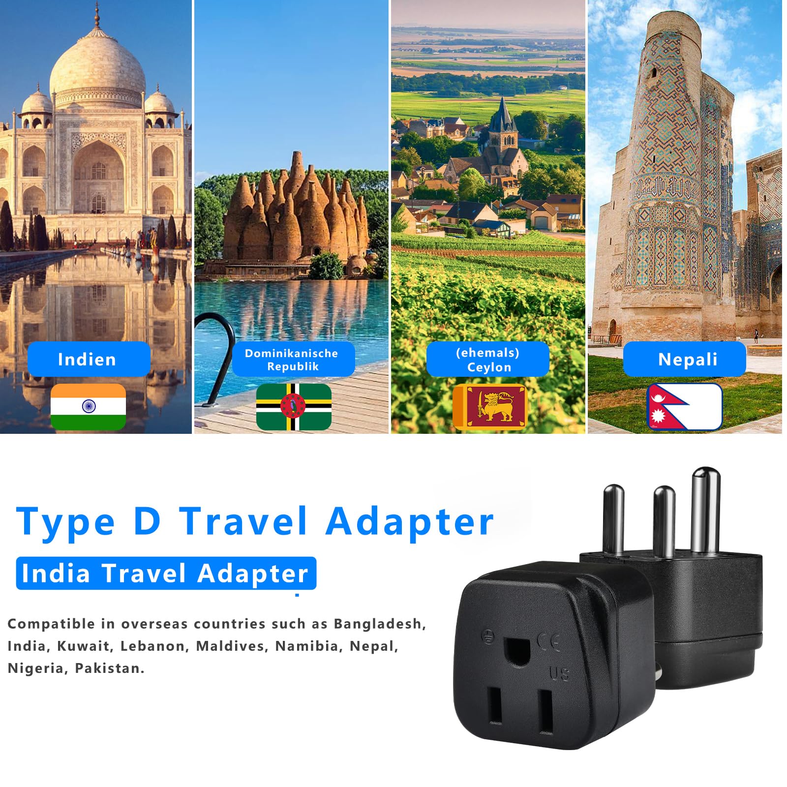 Us To India Plug Adapter, 2 Pack Type D Plug Adapter, India Power Adapte Us To India, Bangladesh, Maldives, Pakistan Travel Adap