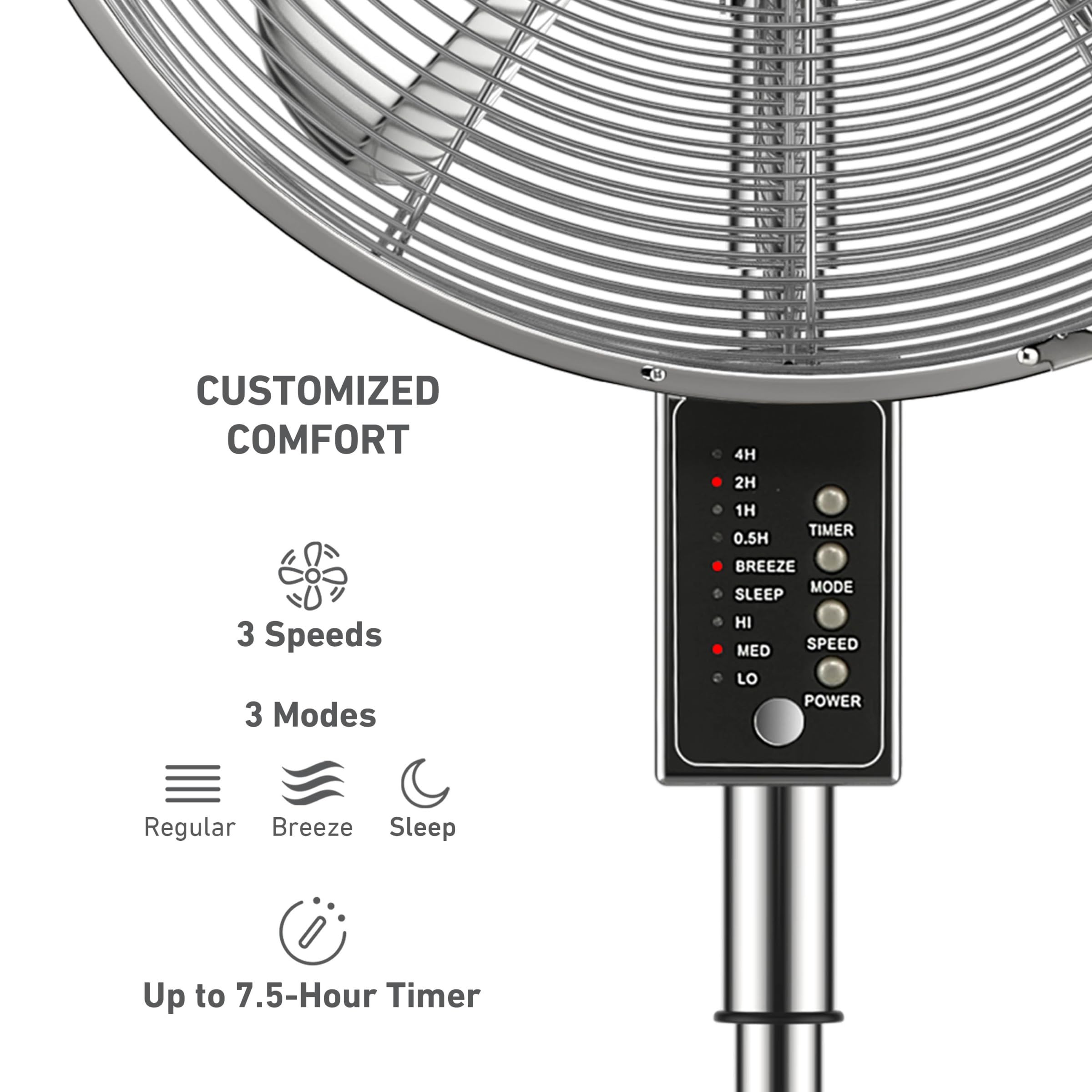 Holmes 16'' Chrome Digital Stand Fan, 75 Oscillation, 3 Speeds, 4 Blades, 3 Modes, Adjustable Height, 18 Head Tilt, Ideal For Ho