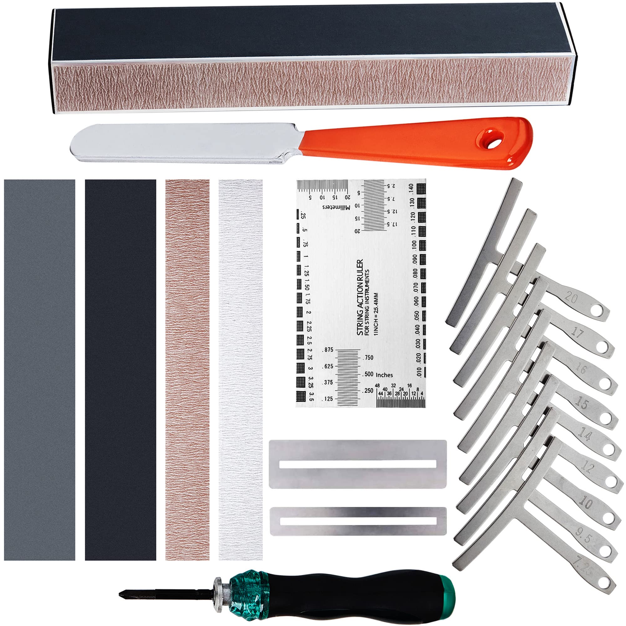 Miecoo 19Pcs Guitar Repair Tool Kit With 8 Inch Guitar Fret Leveling Beam, 9 Understring Radius Gauge, Fret Crowning File, Strin