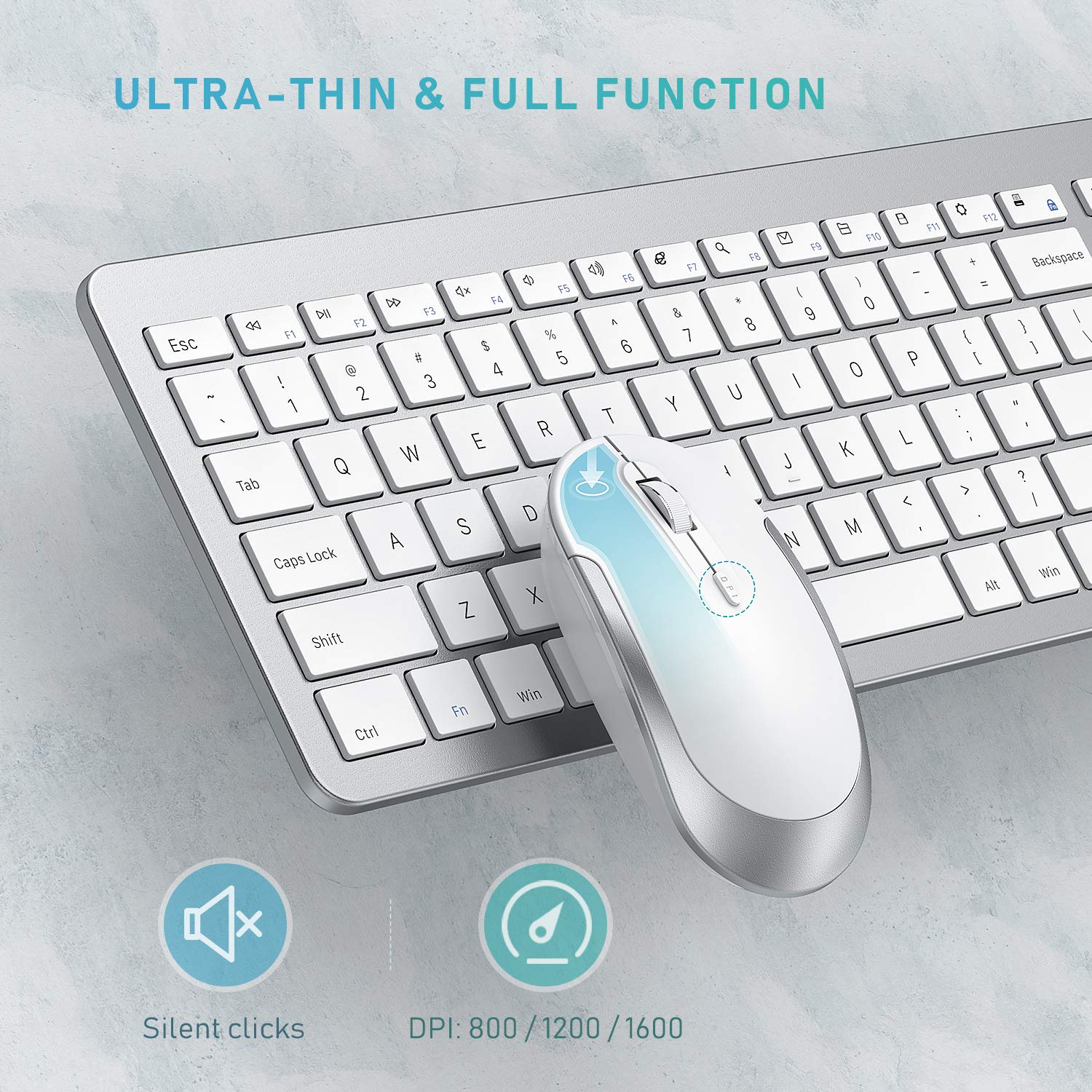 Rechargeable Wireless Keyboard Mouse Combo   Seenda Full Size Cordless Keyboard & Mouse Sets With Build In Lithium Battery Ultra Thin Quiet Keyboard Mice   Silver And White