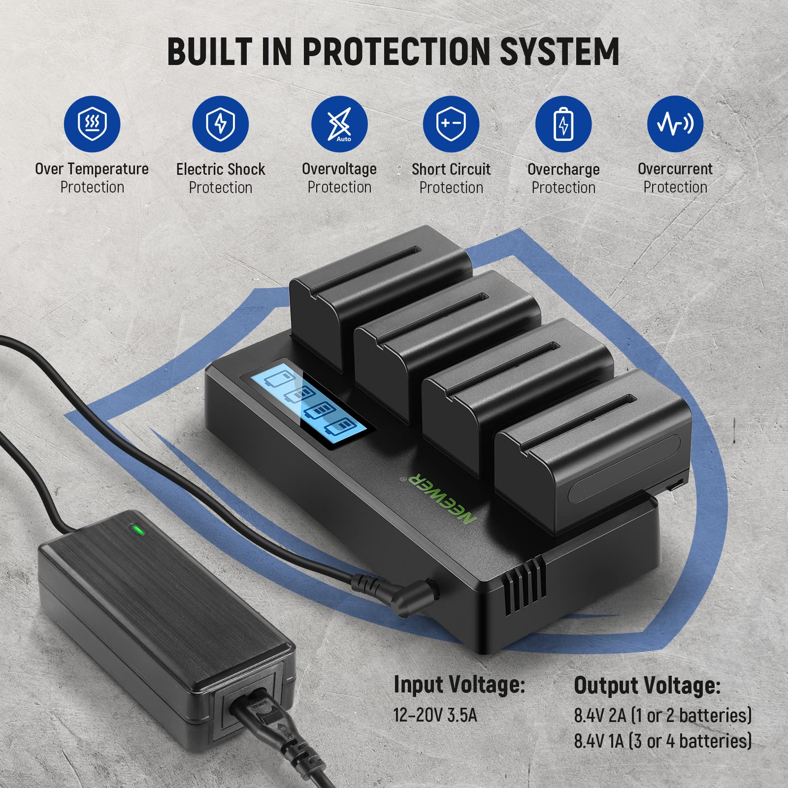 Neewer 4 Packs Np F750 Replacement Batteries 7.4V 5600Mah With 4 Channel Battery Charger & Power Adapter, Compatible With Np F55