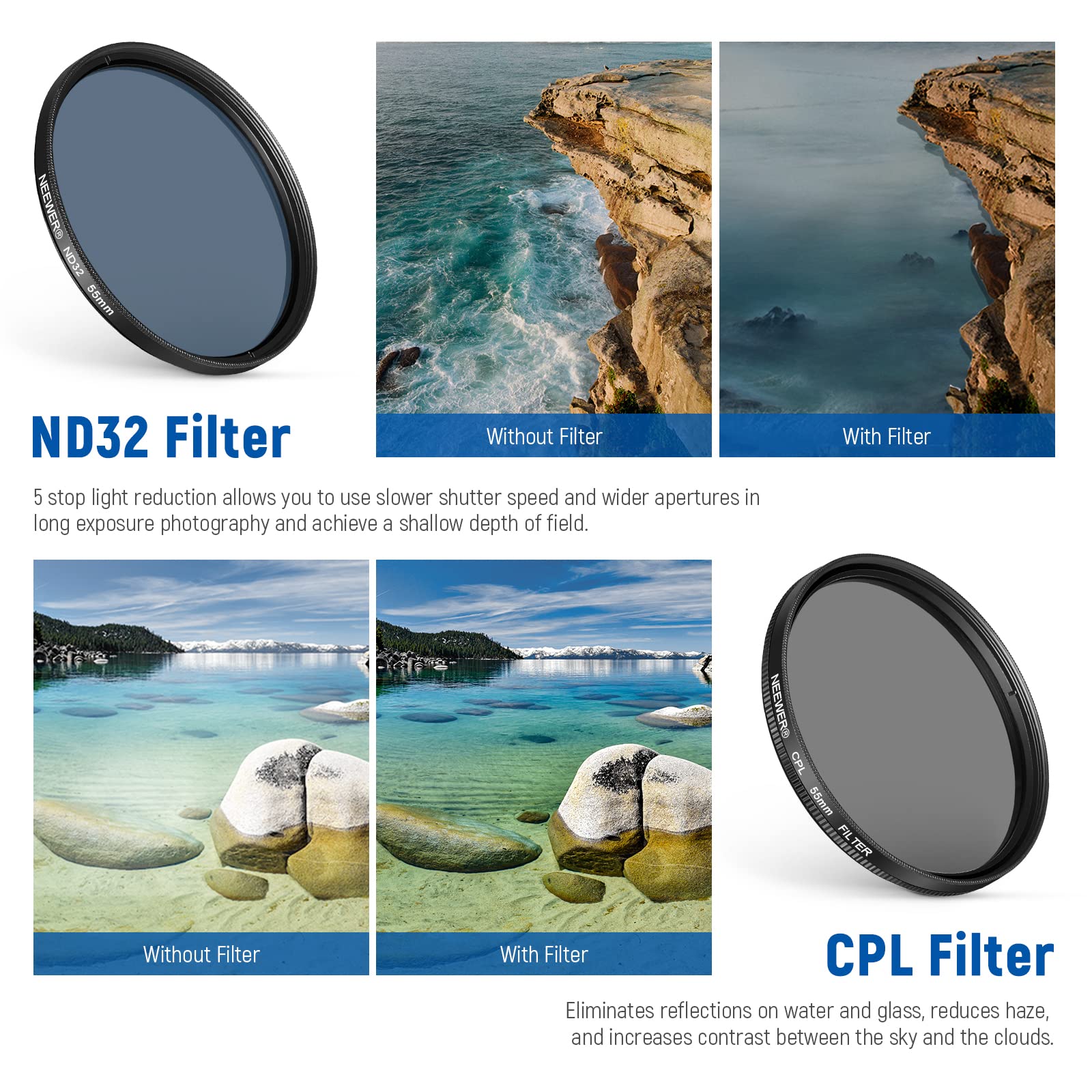 Neewer 55 Mm Nd+Cpl + Effect Filter Set With Mobile Phone Lens Clamp, Polarising Filter Nd32, 6 Point Star Filter 4 Graduated Co