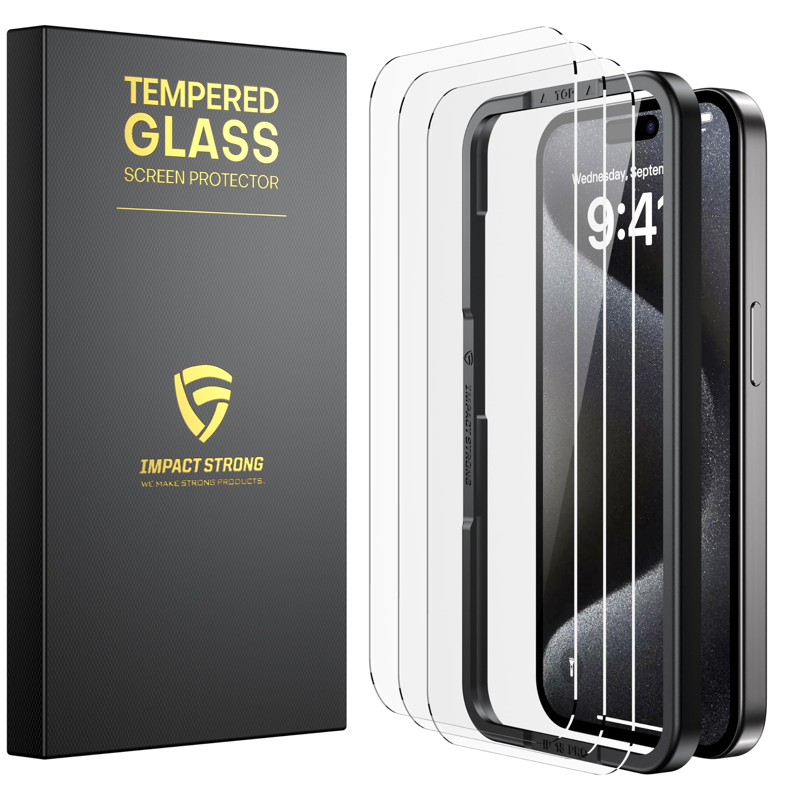 Impactstrong Shatterproof Tempered Glass Screen Protector For Iphone 15 Pro [Easy Installation Frame] [Bubble Free] [9H Hardness