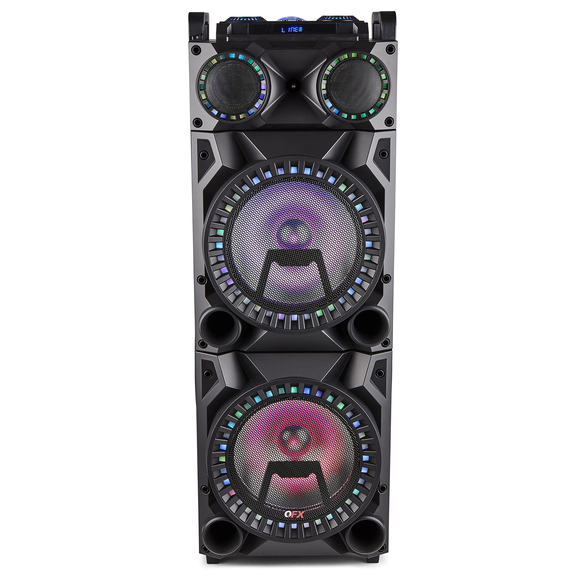 Qfx Pbx 1212 Bluetooth Rechargeable Dual 12� Woofer With 1� Tweeter Speaker System With Microphone Input, Guitar Input, Aux Input, Usb Port, Sd Card Port, Tws, Recording, Fm Radio, Led Party Lights