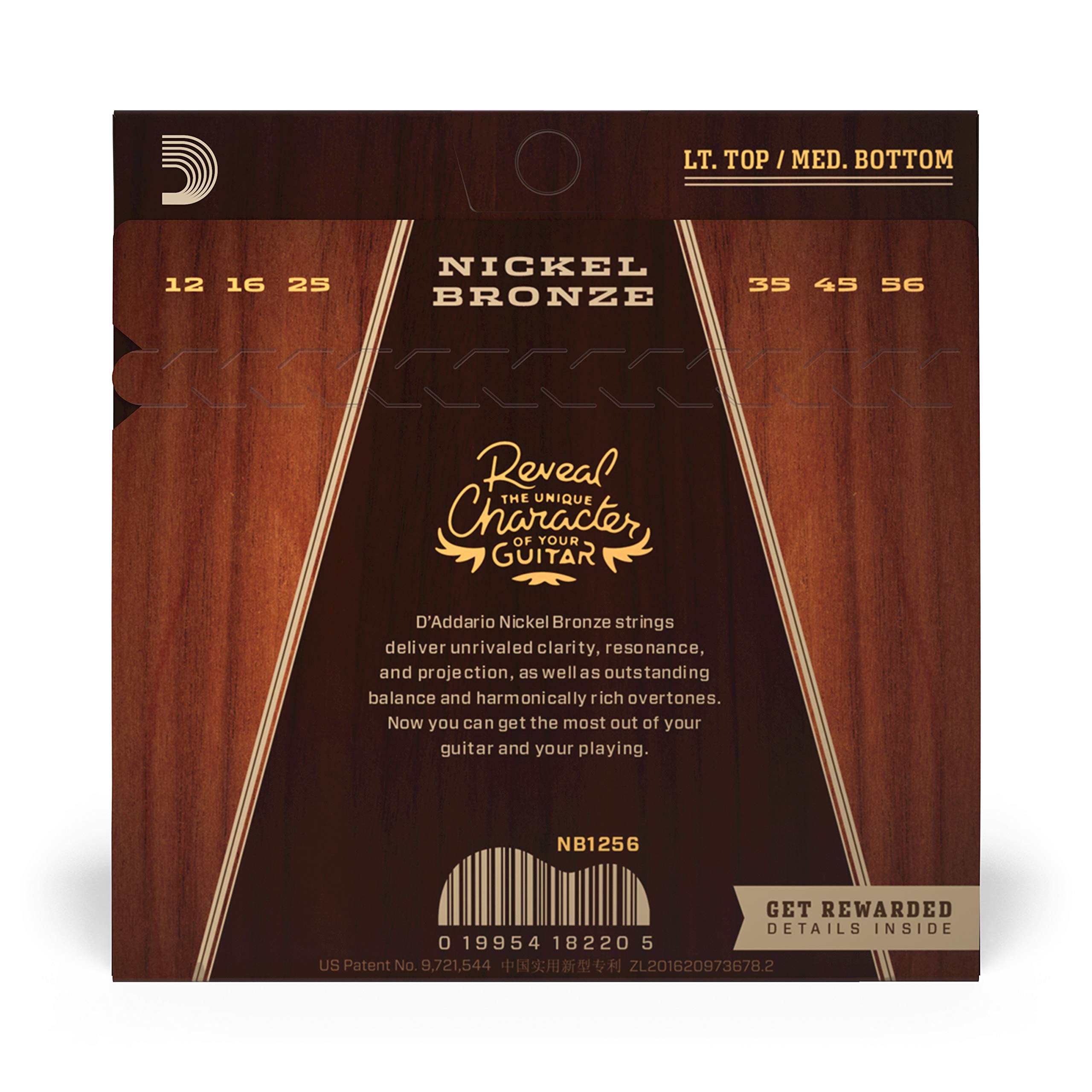 D'Addario Acoustic Guitar Strings, Nickel Bronze, Nb1256, Light Top/Medium Bottom Gauge 12 56, 6 String Set, Pack Of 1