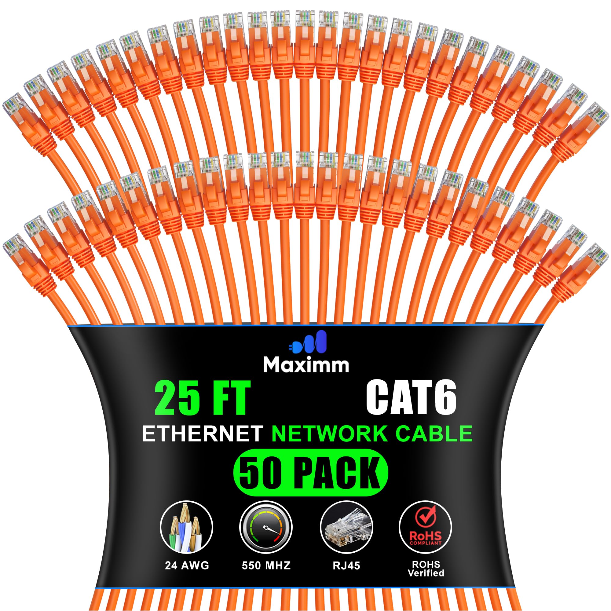 Maximm Cat 6 Ethernet Cable 25 ft (50-Pack) - High-Speed LAN, Internet, Patch, and Network Cord - UTP, 10Gbps, 550MHz - Orange