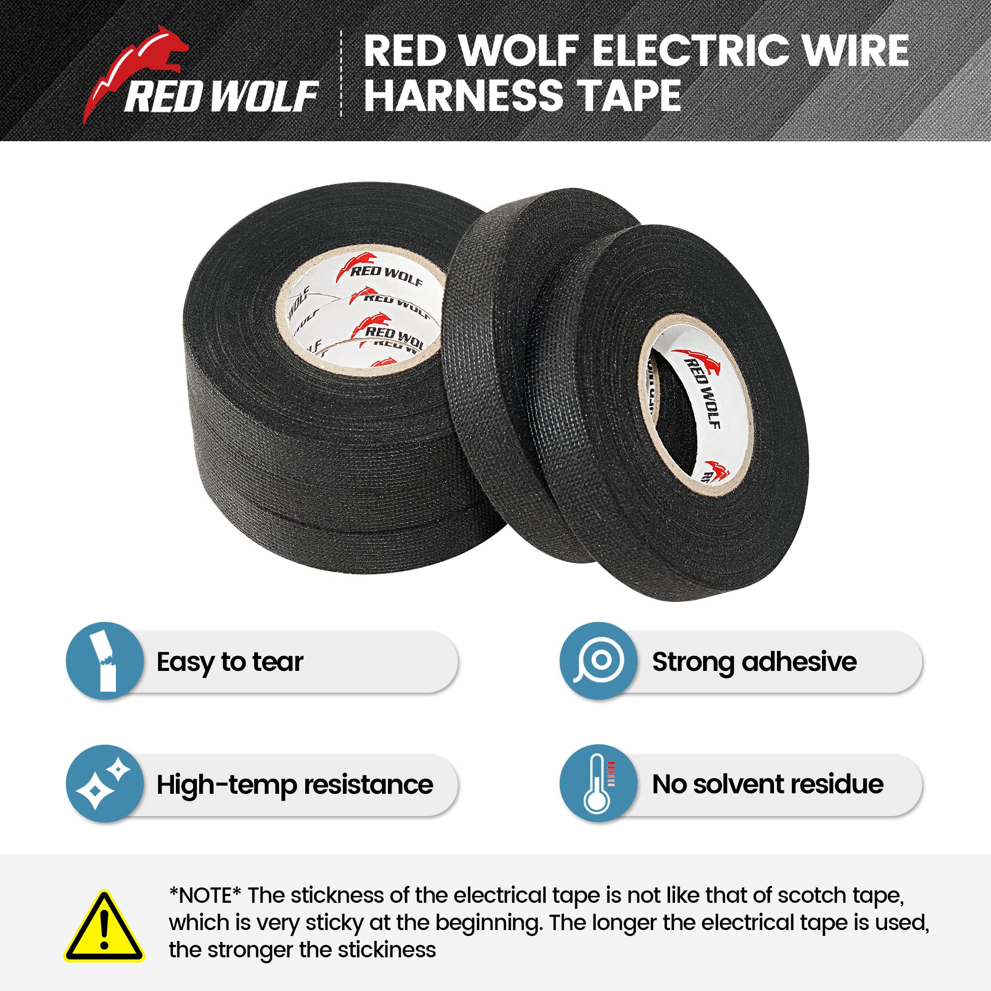 Red Wolf Wiring Harness Cloth Tape High Temp Self Adhesive Fabric Tape For Automobile Electrical Harness Wrap Noise Damping Protection Insulation Cable Fixed Black, 5 Rolls 3/5 Inch X 50Ft