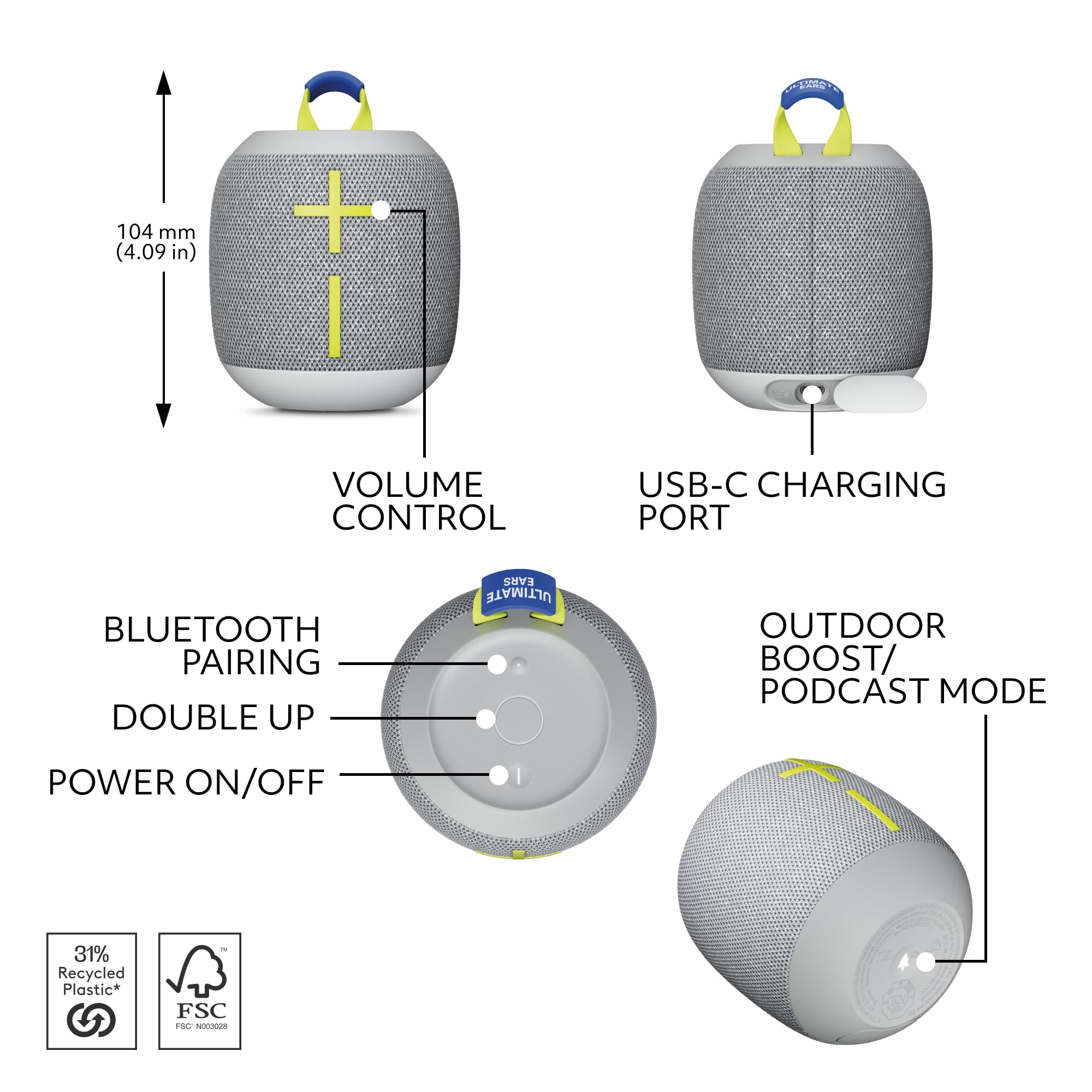 Ultimate Ears Wonderboom 4 Wireless Portable Waterproof Bluetooth Speaker, Joyous Bright | Bigger, Bassy-Er 360 Degree Sound, Ou