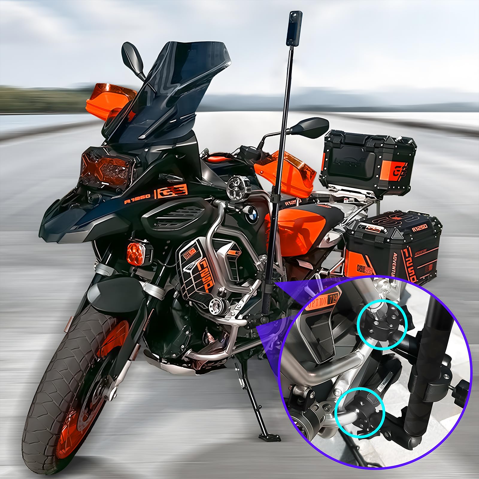 Motorcycle Bike Handlebar Clamp Mount With 47.3'' Invisible Selfie Stick Compatible For Insta360 One X4 X3 X2 X Rs R Go 2 3 Acti